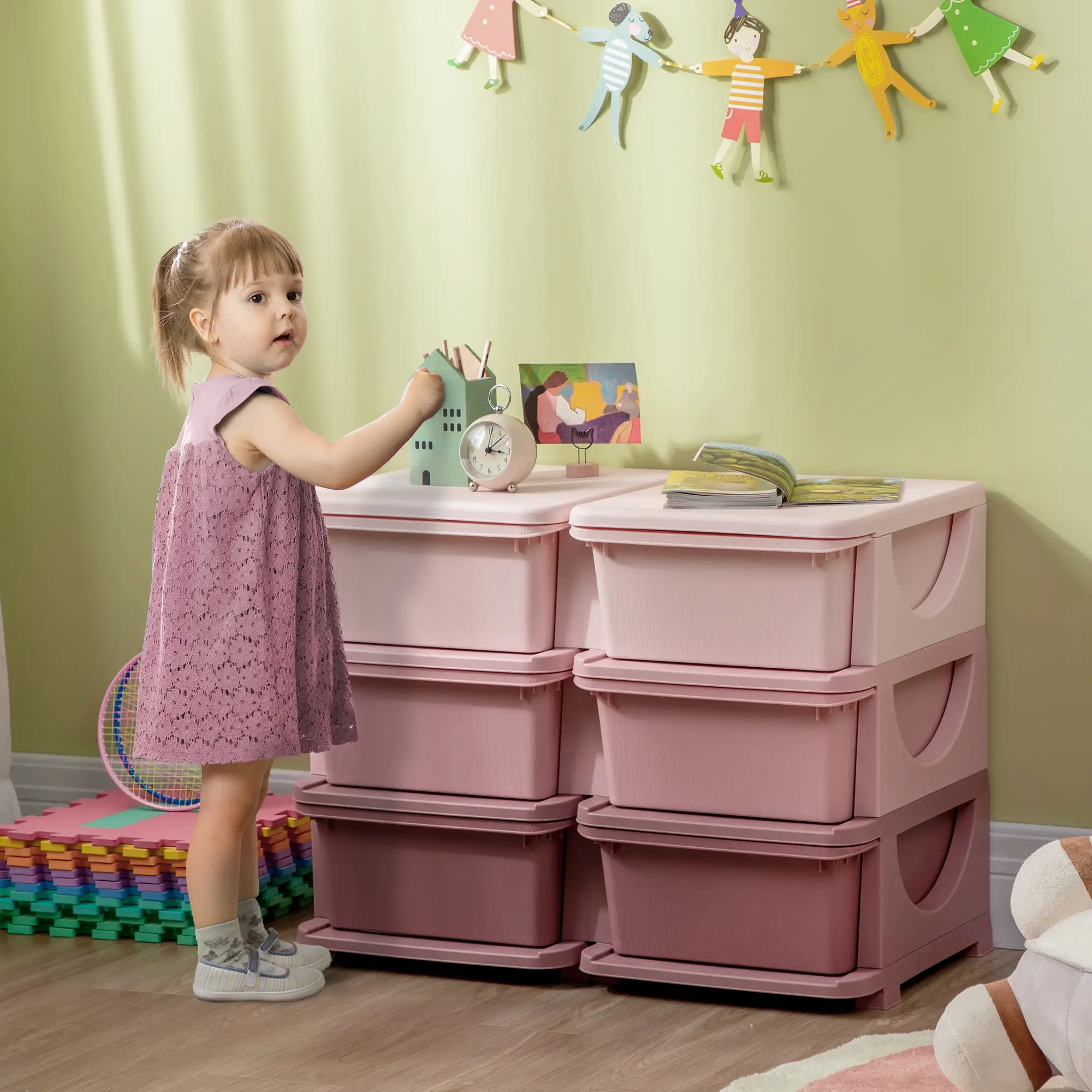 3 Tier Toy Organizer, 6 Plastic Drawers, Pink - Image 2