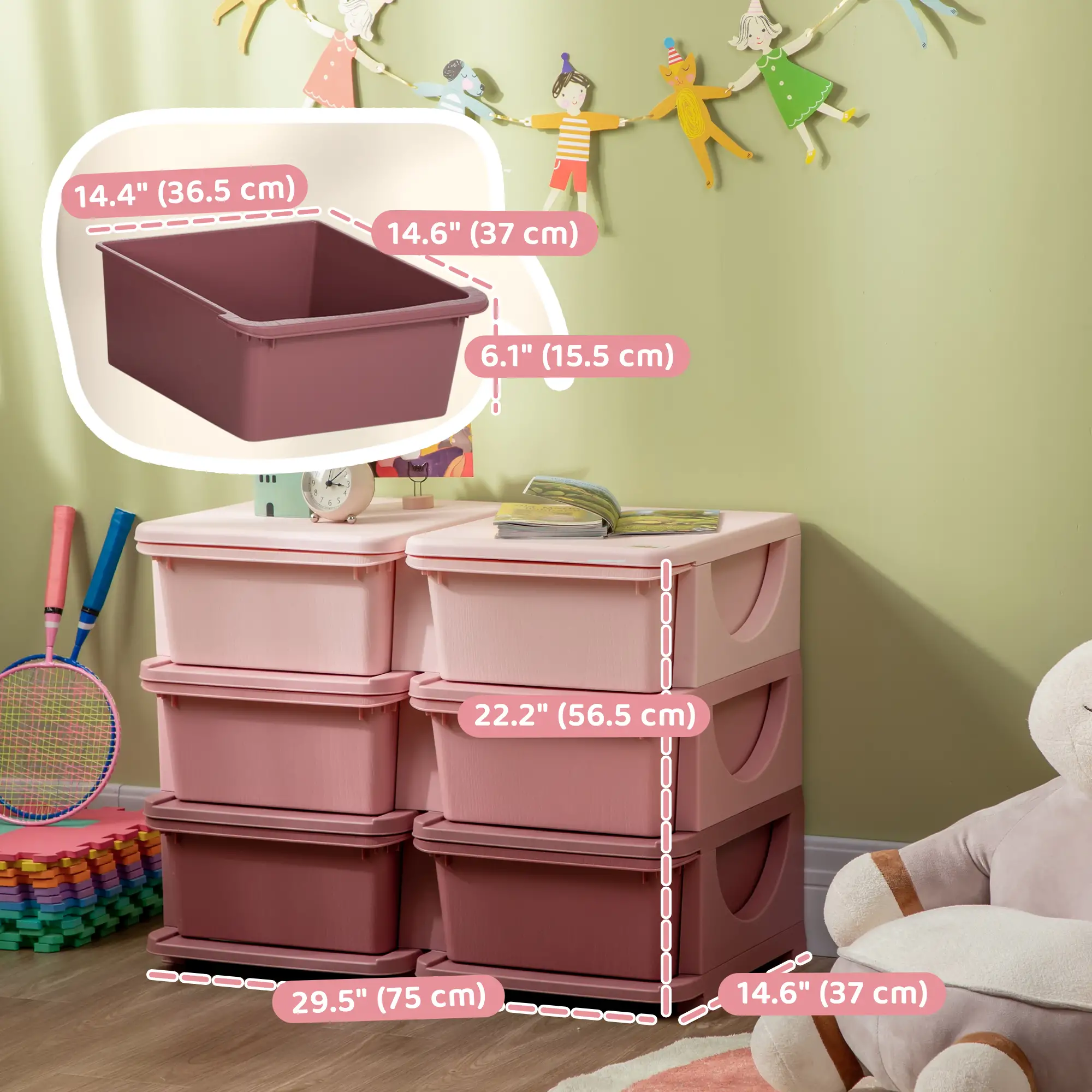 3 Tier Toy Organizer, 6 Plastic Drawers, Pink - Image 3