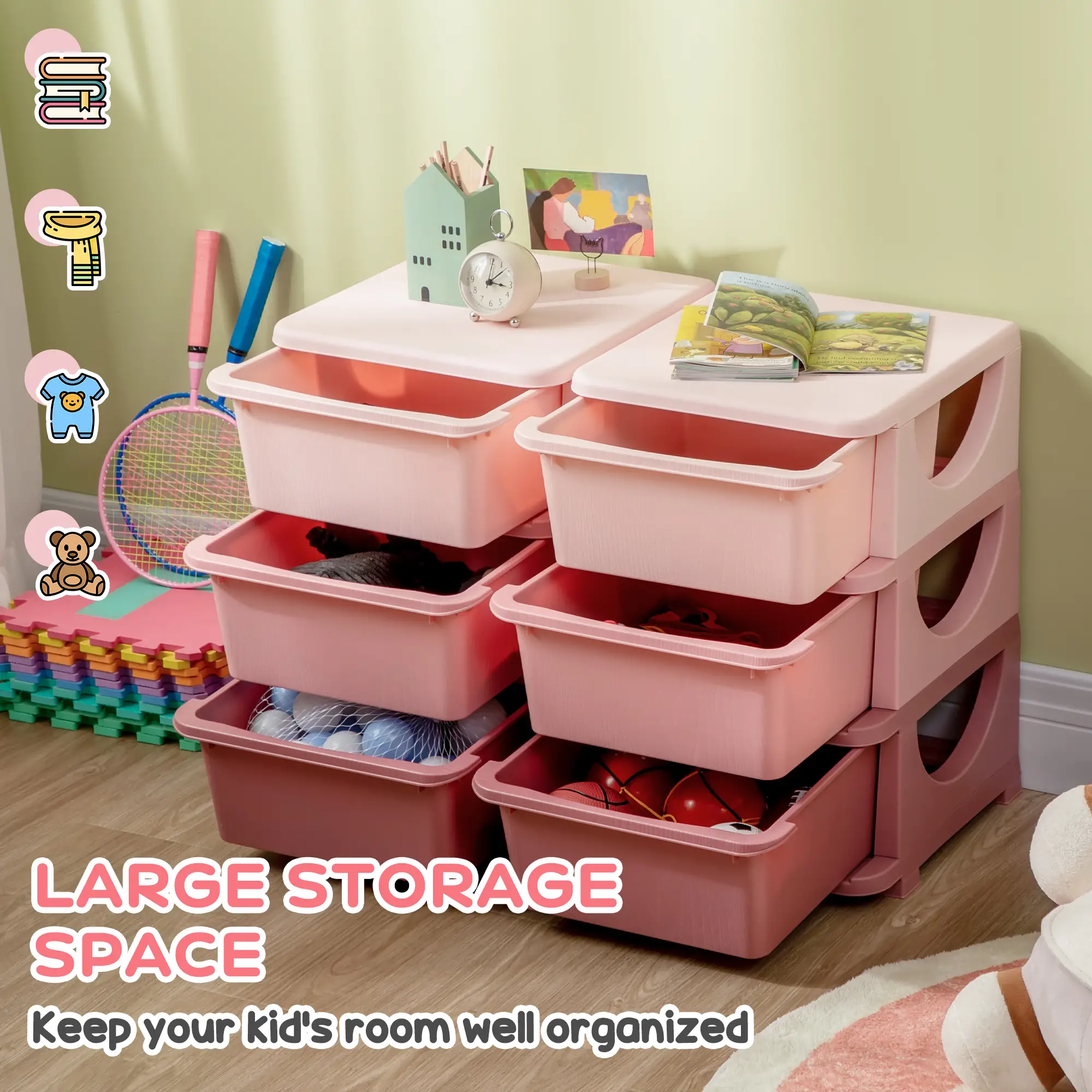 3 Tier Toy Organizer, 6 Plastic Drawers, Pink - Image 4