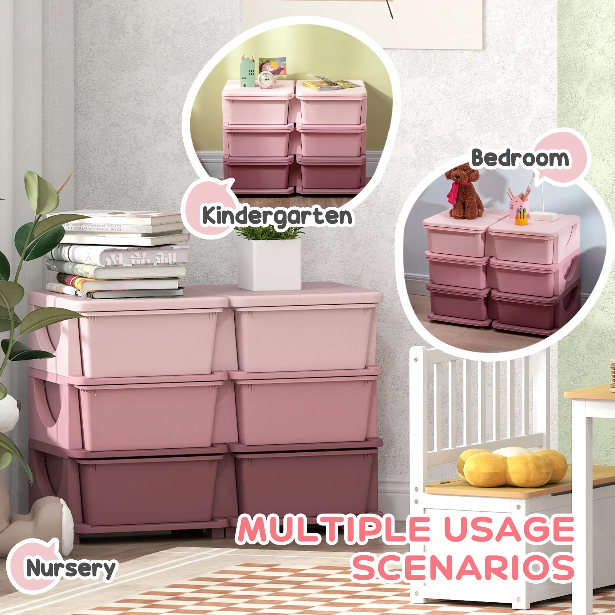 3 Tier Toy Organizer, 6 Plastic Drawers, Pink - Image 5