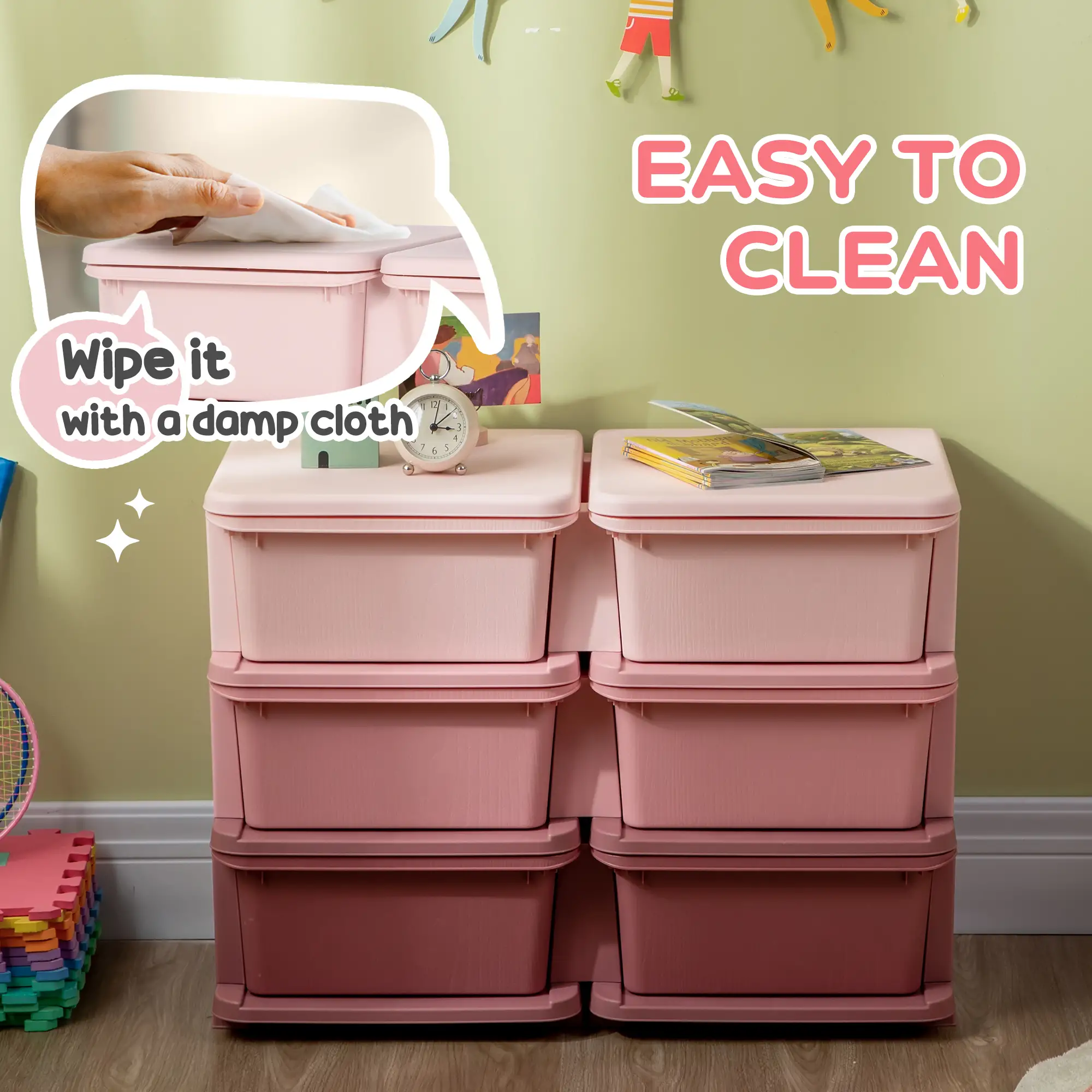 3 Tier Toy Organizer, 6 Plastic Drawers, Pink - Image 6