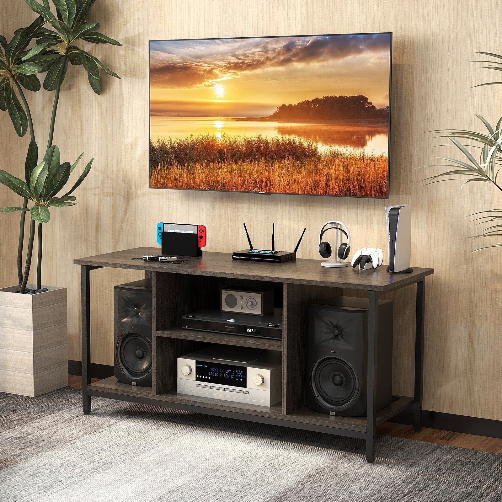3-Tier TV Stand, Adjustable Shelf, Power Outlet USB, Gray - Image 2