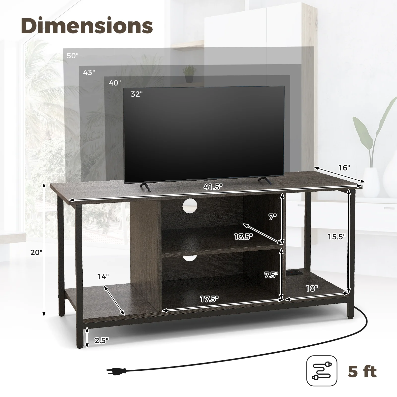 3-Tier TV Stand, Adjustable Shelf, Power Outlet USB, Gray - Image 6