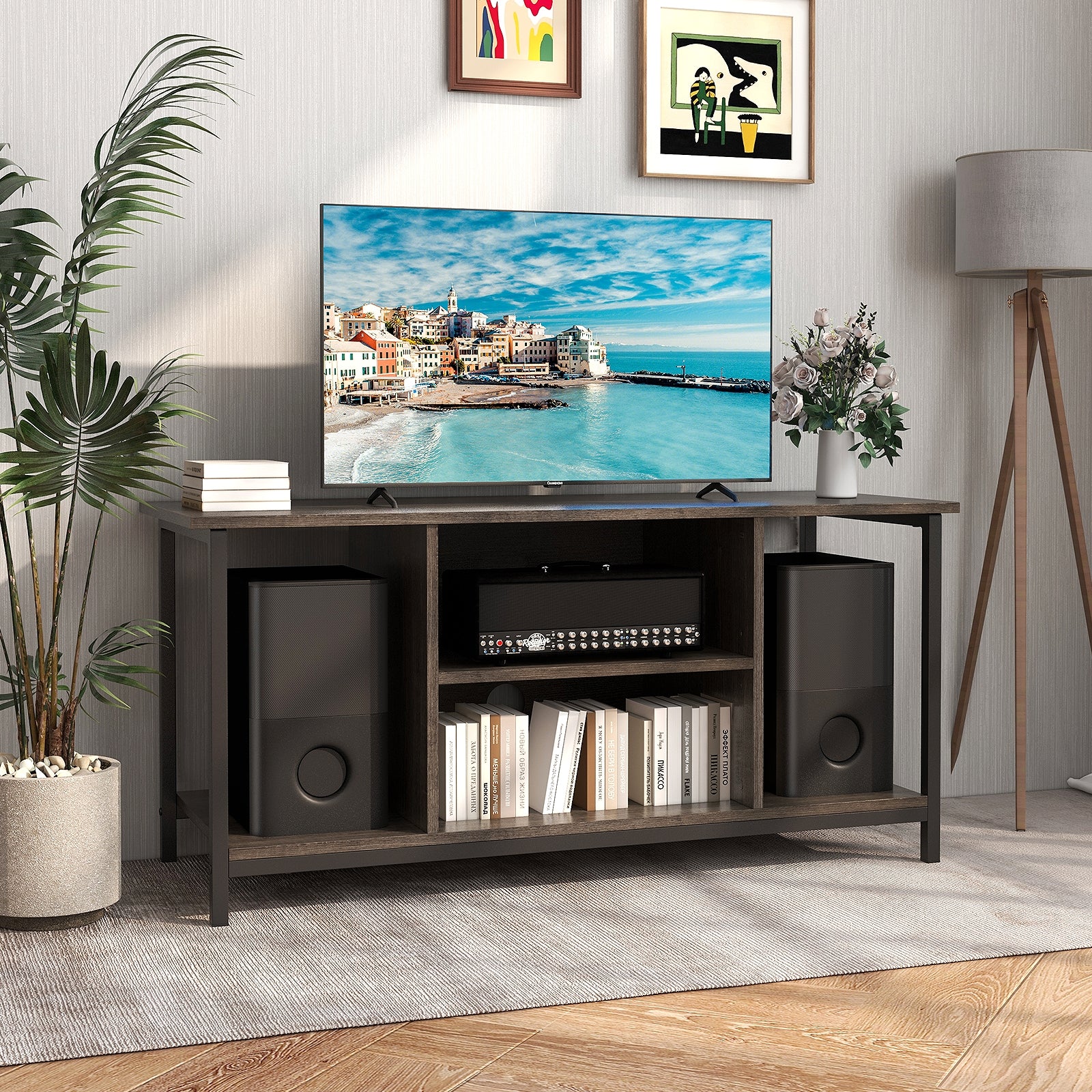 3-Tier TV Stand, Adjustable Shelf, Power Outlet USB, Gray - Image 7