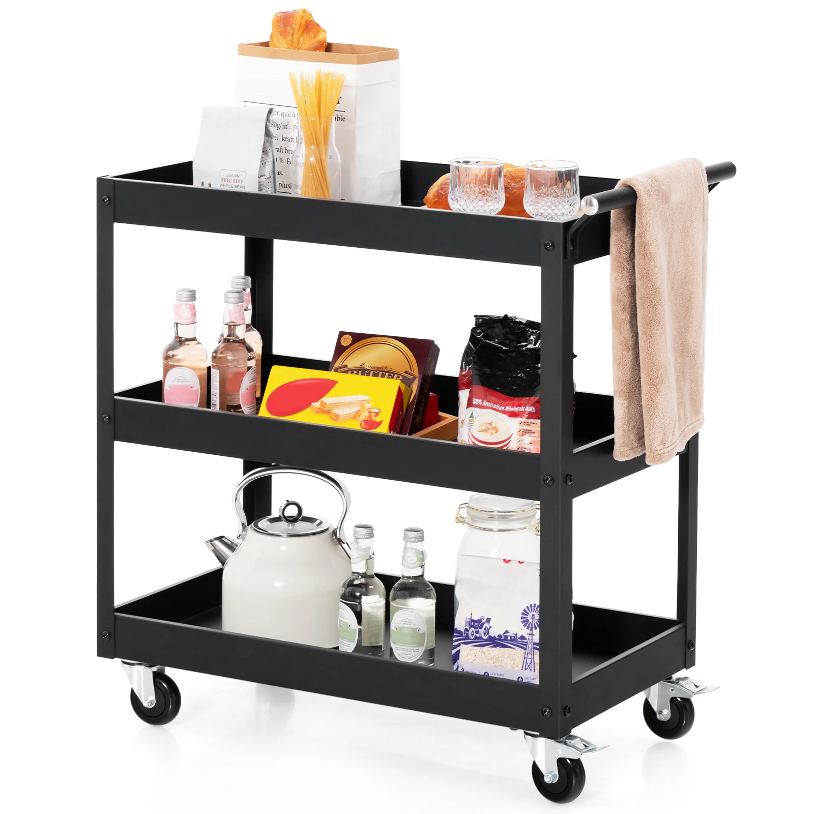 3-Tier Utility Cart, Rolling Metal Cart, Black - Image 5