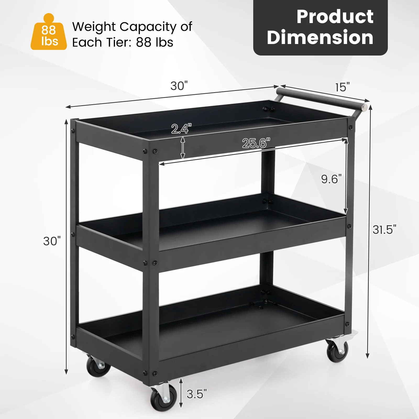 3-Tier Utility Cart, Rolling Metal Cart, Black - Image 6