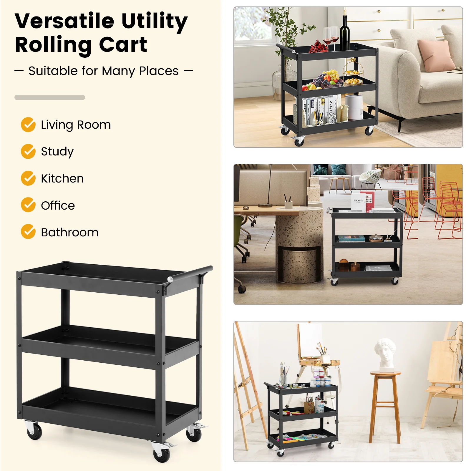3-Tier Utility Cart, Rolling Metal Cart, Black - Image 7