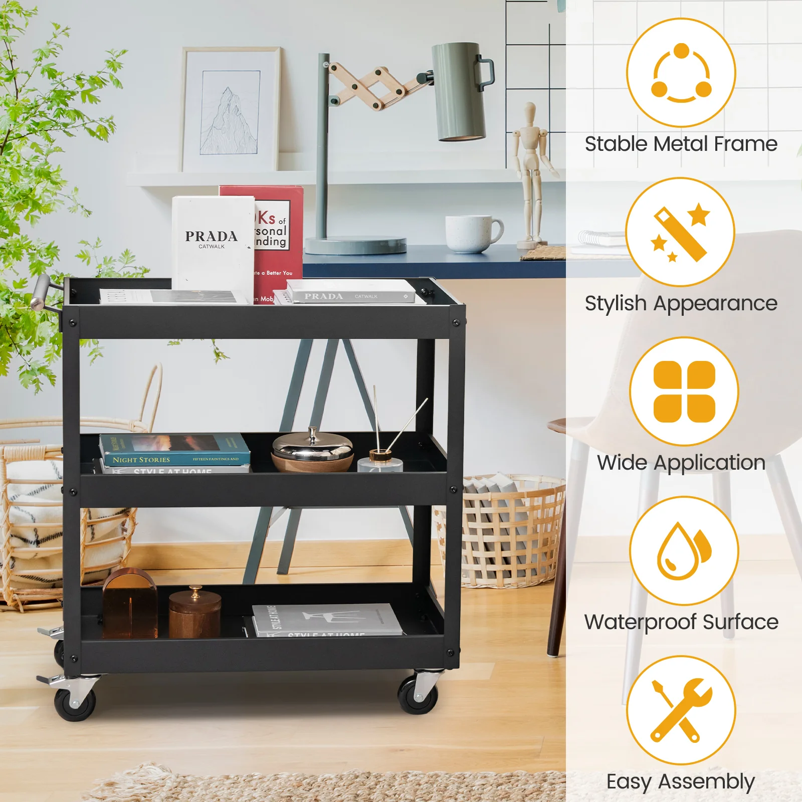 3-Tier Utility Cart, Rolling Metal Cart, Black - Image 9