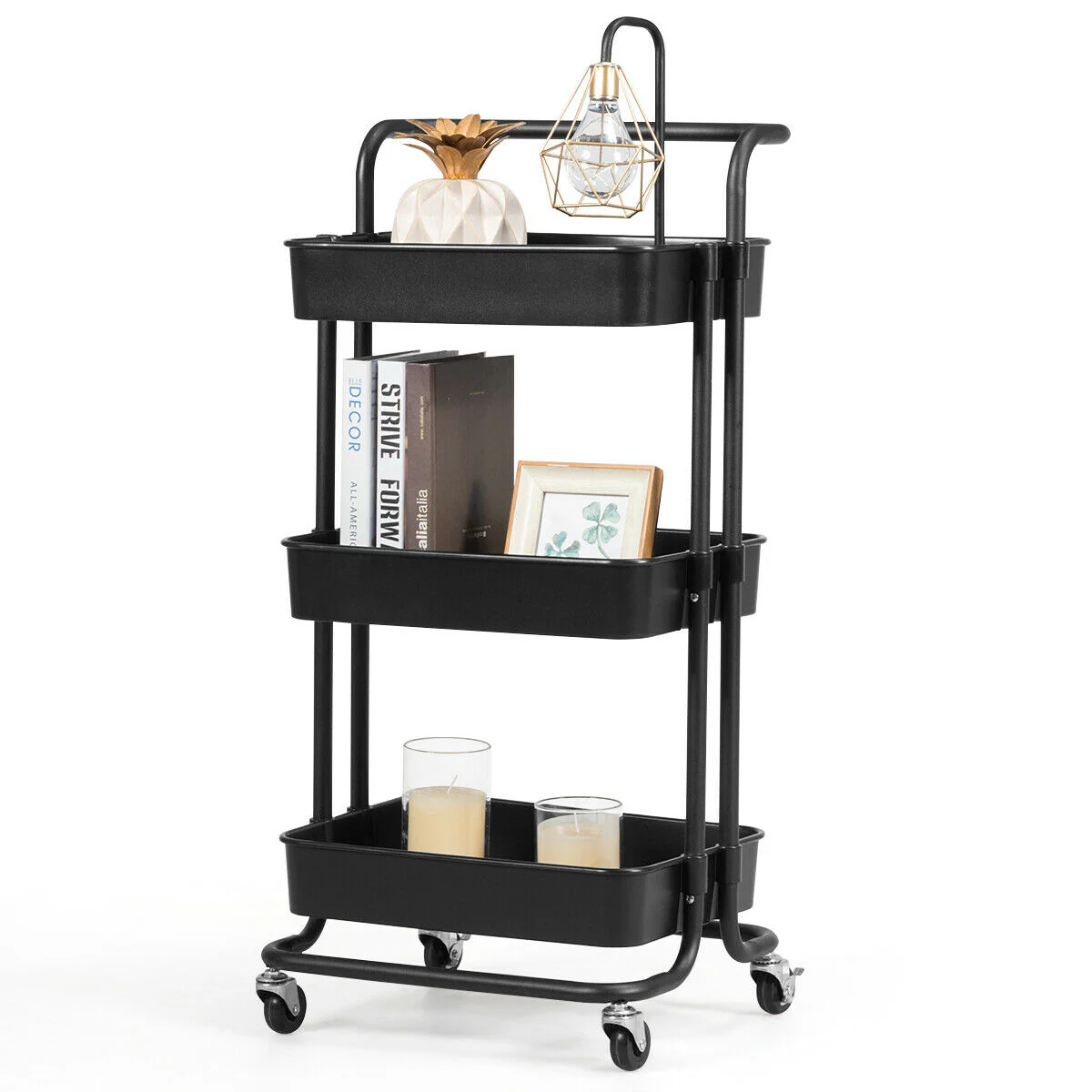 3-Tier Utility Cart, Rolling Storage Cart With Casters, Black - Image 5