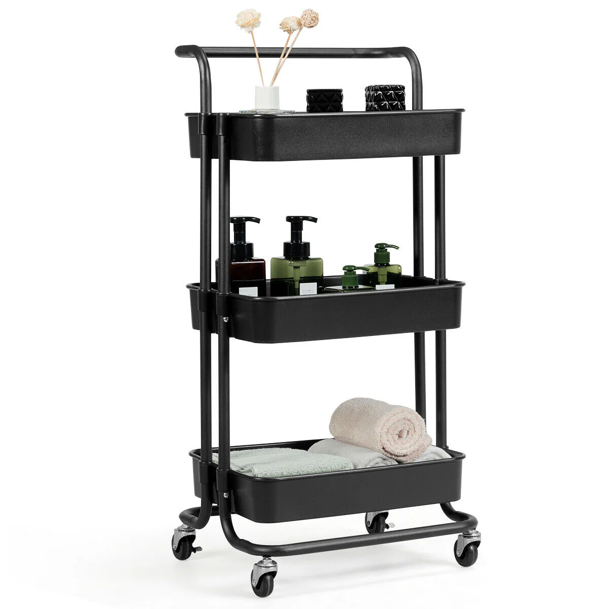 3-Tier Utility Cart, Rolling Storage Cart With Casters, Black - Image 7