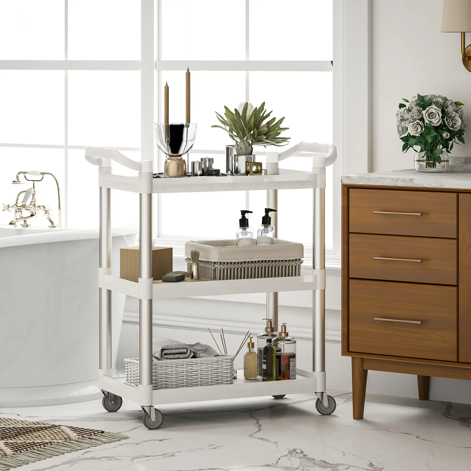 3-Tier Utility Cart, Rolling Storage Trolley, 3 Shelves, Silver White - Image 8