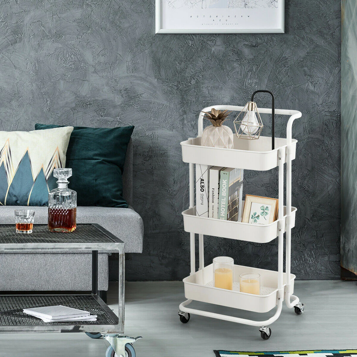 3-Tier Utility Cart With Casters, White - Image 3