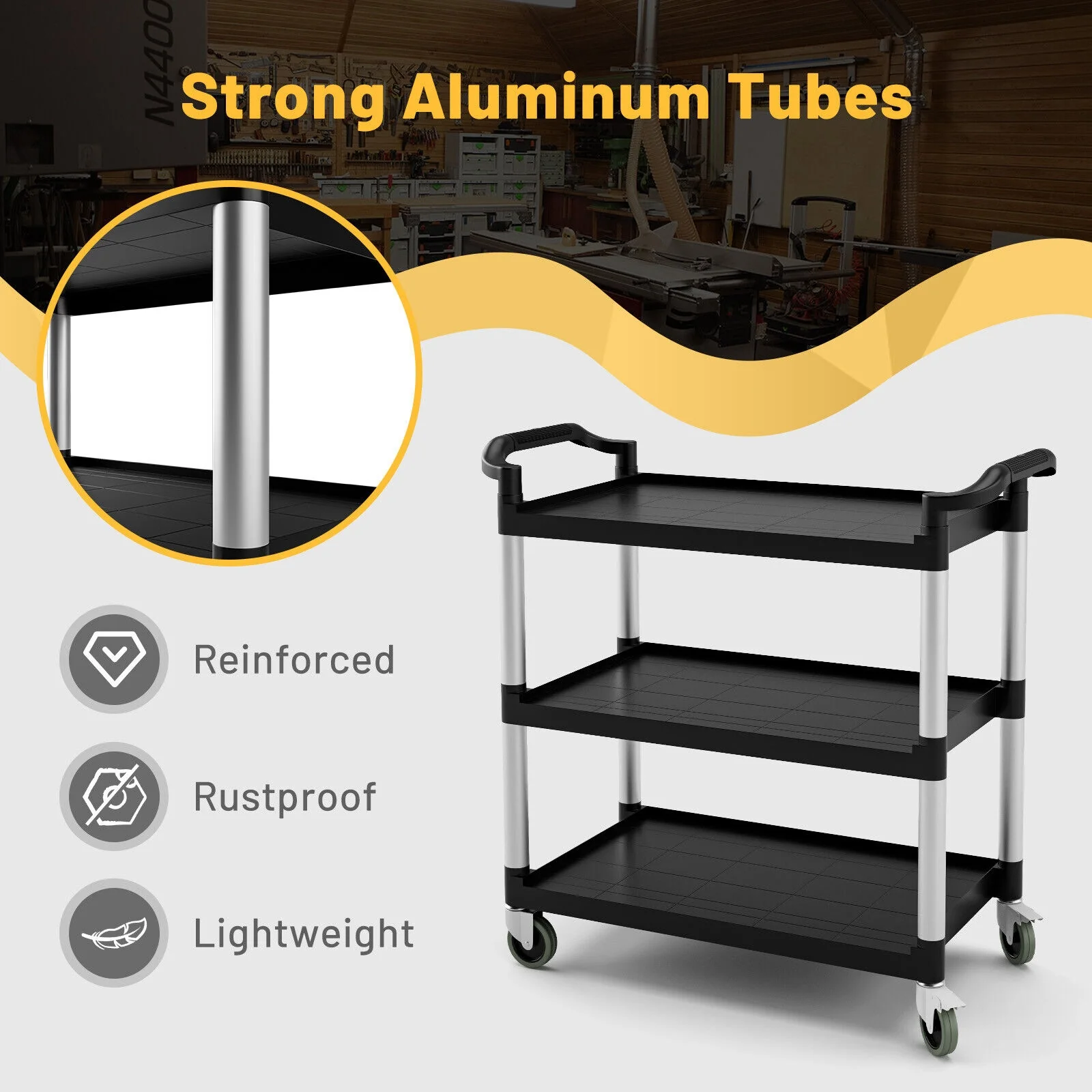 3-Tier Utility Service Cart, Lockable Wheels, Double Handles, Black - Image 10
