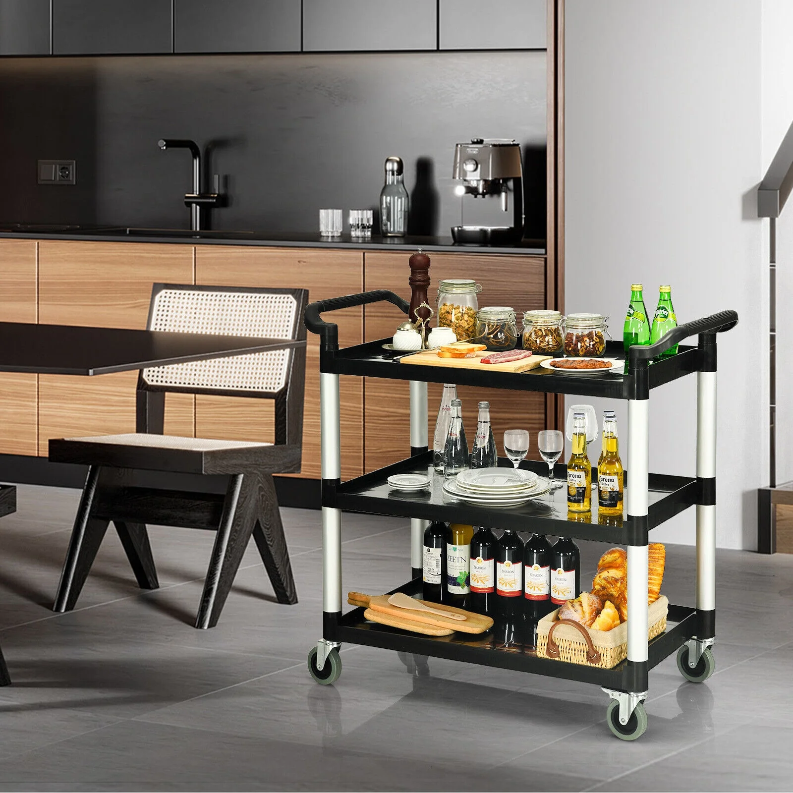 3-Tier Utility Service Cart, Lockable Wheels, Double Handles, Black - Image 2