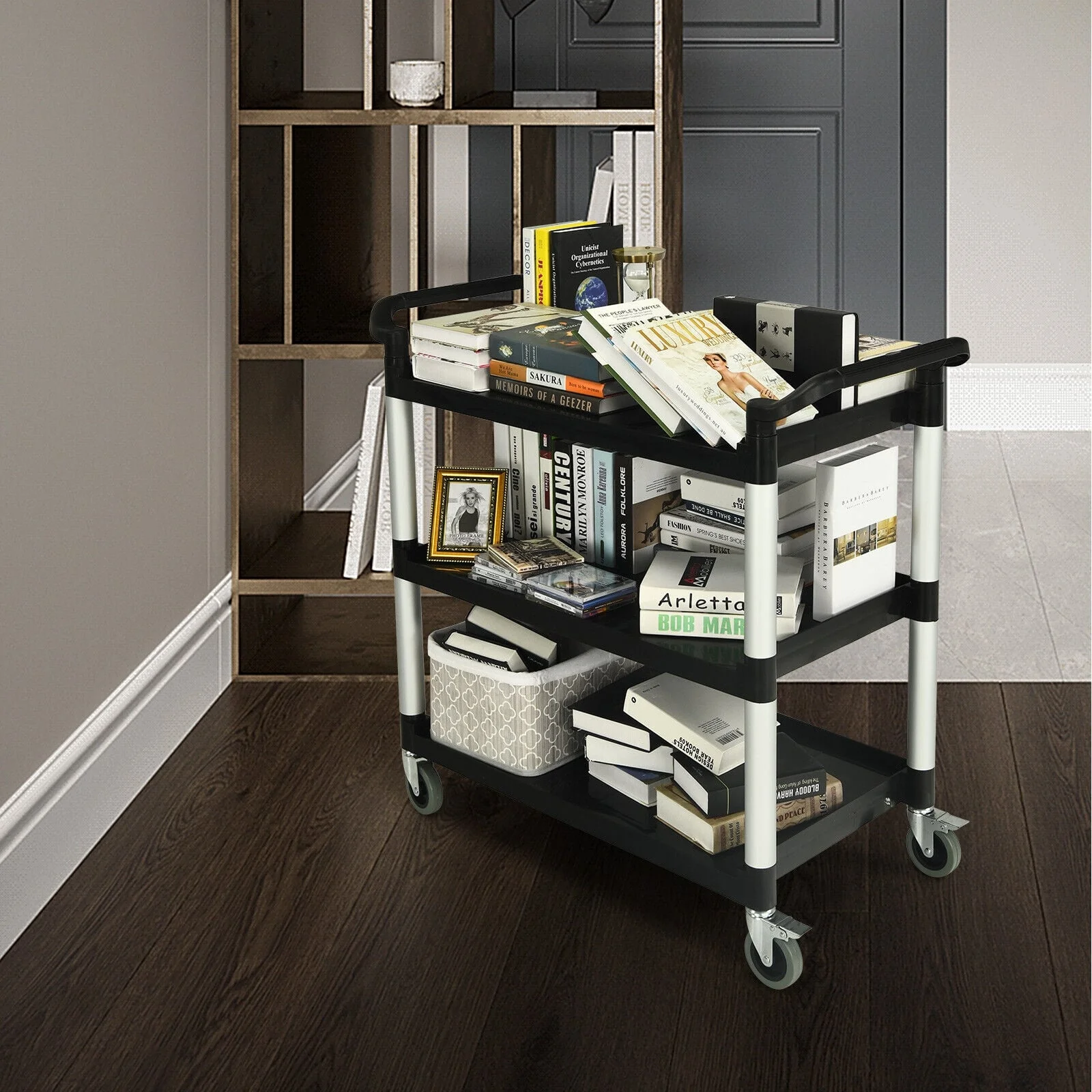 3-Tier Utility Service Cart, Lockable Wheels, Double Handles, Black - Image 3