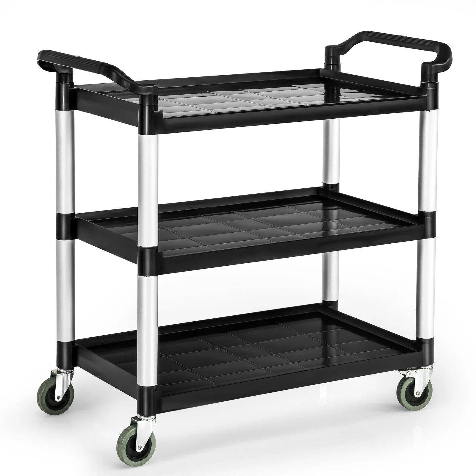 3-Tier Utility Service Cart, Lockable Wheels, Double Handles, Black - Image 4