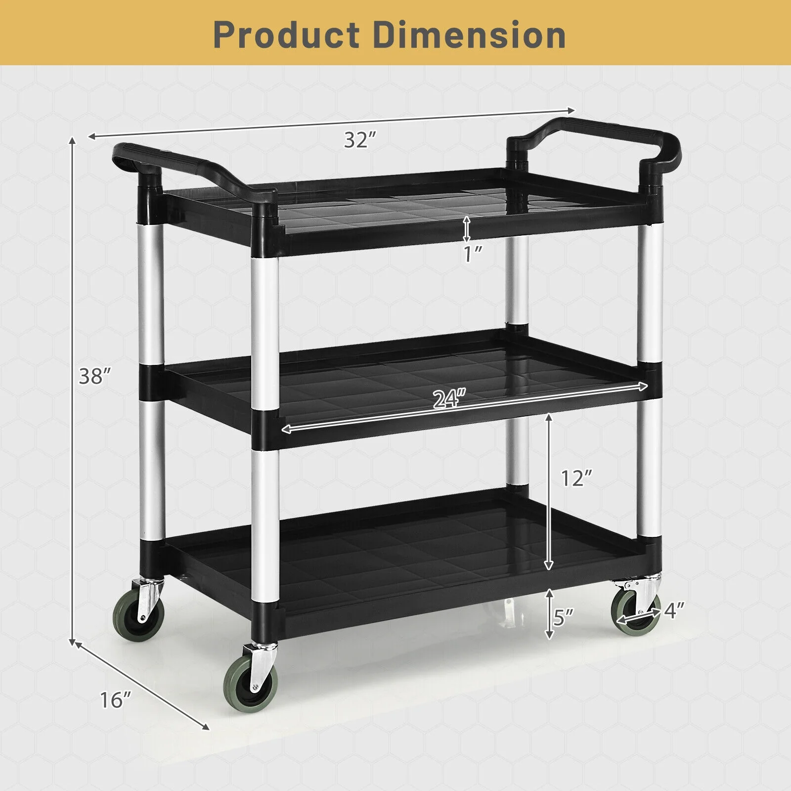3-Tier Utility Service Cart, Lockable Wheels, Double Handles, Black - Image 5