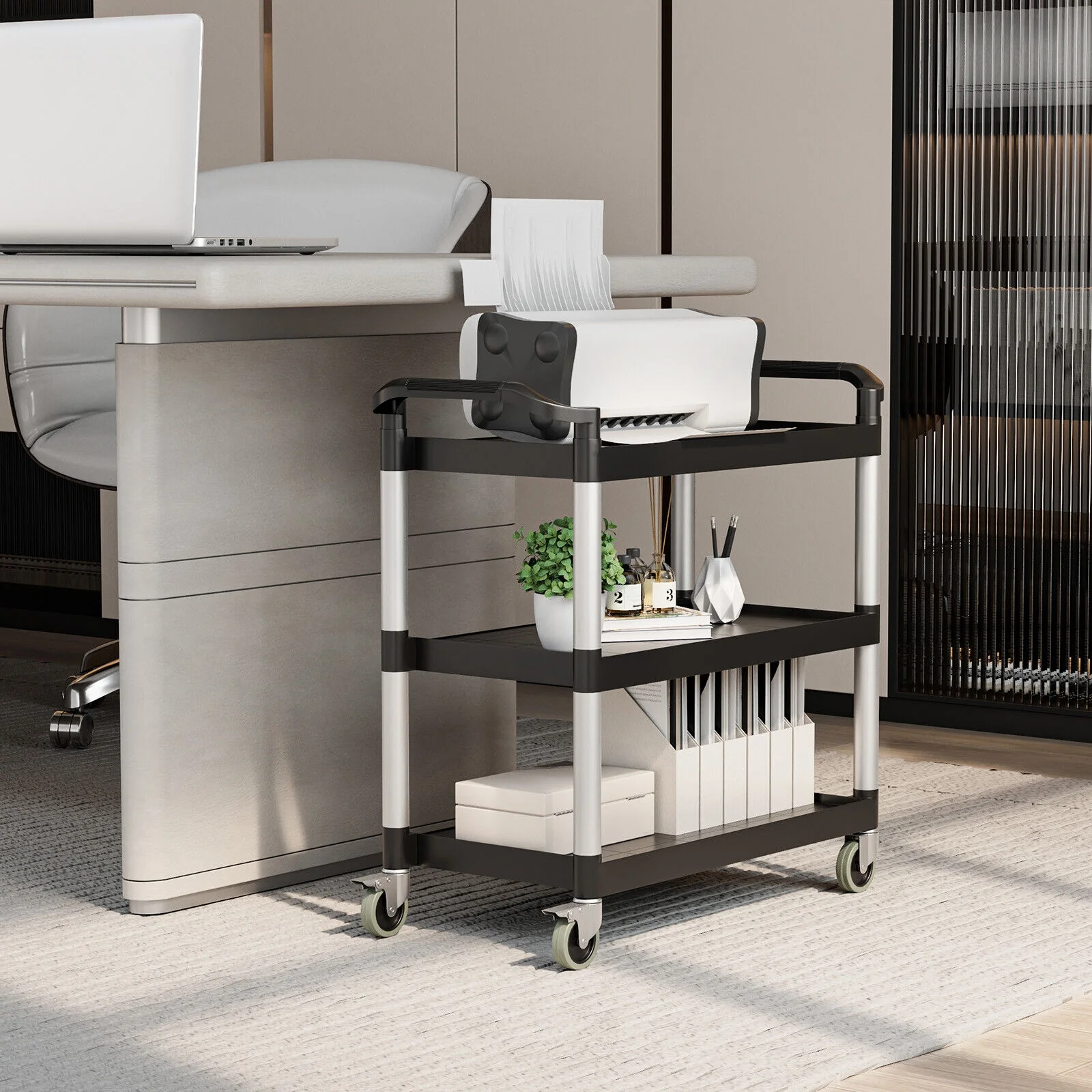 3-Tier Utility Service Cart, Lockable Wheels, Double Handles, Black - Image 7