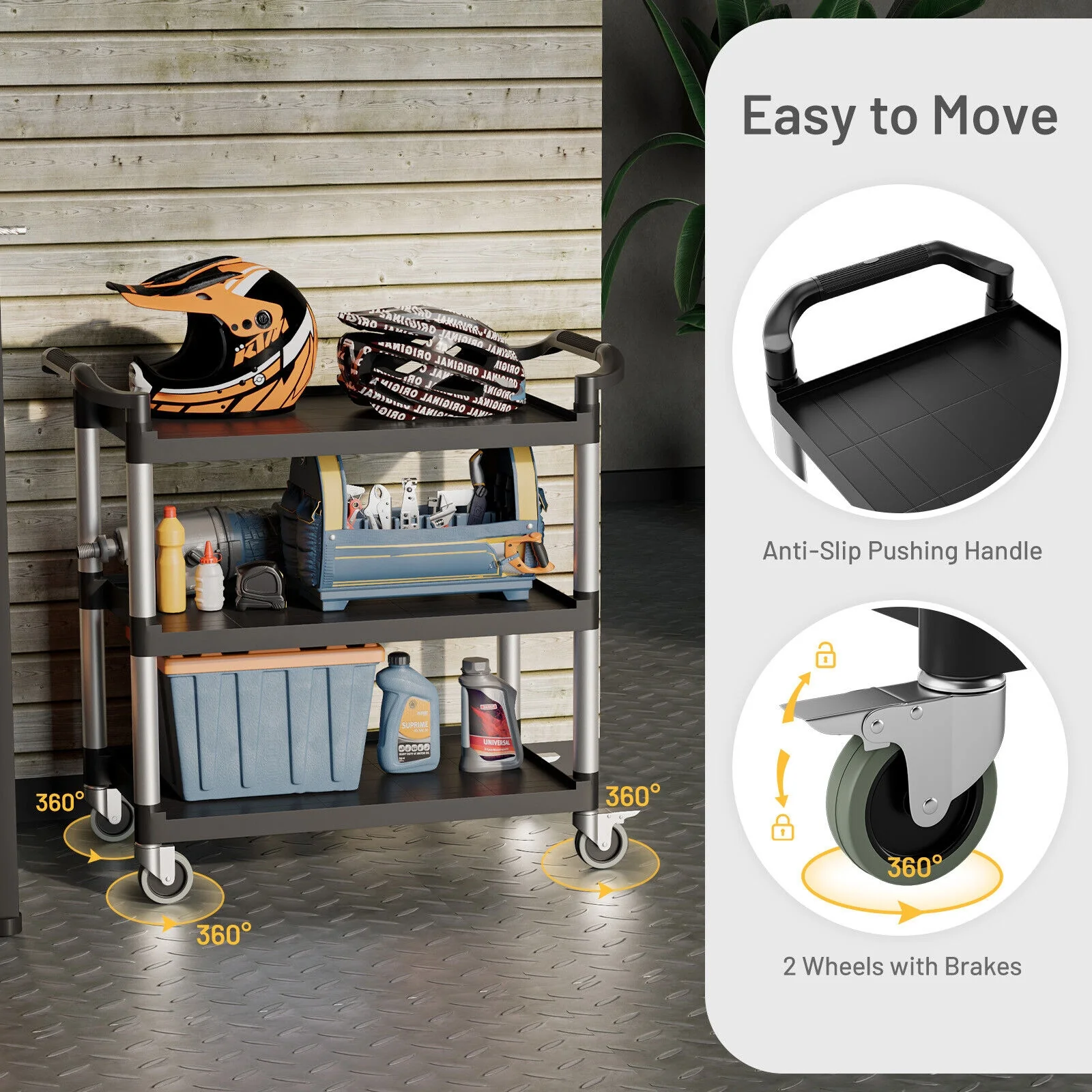 3-Tier Utility Service Cart, Lockable Wheels, Double Handles, Black - Image 9