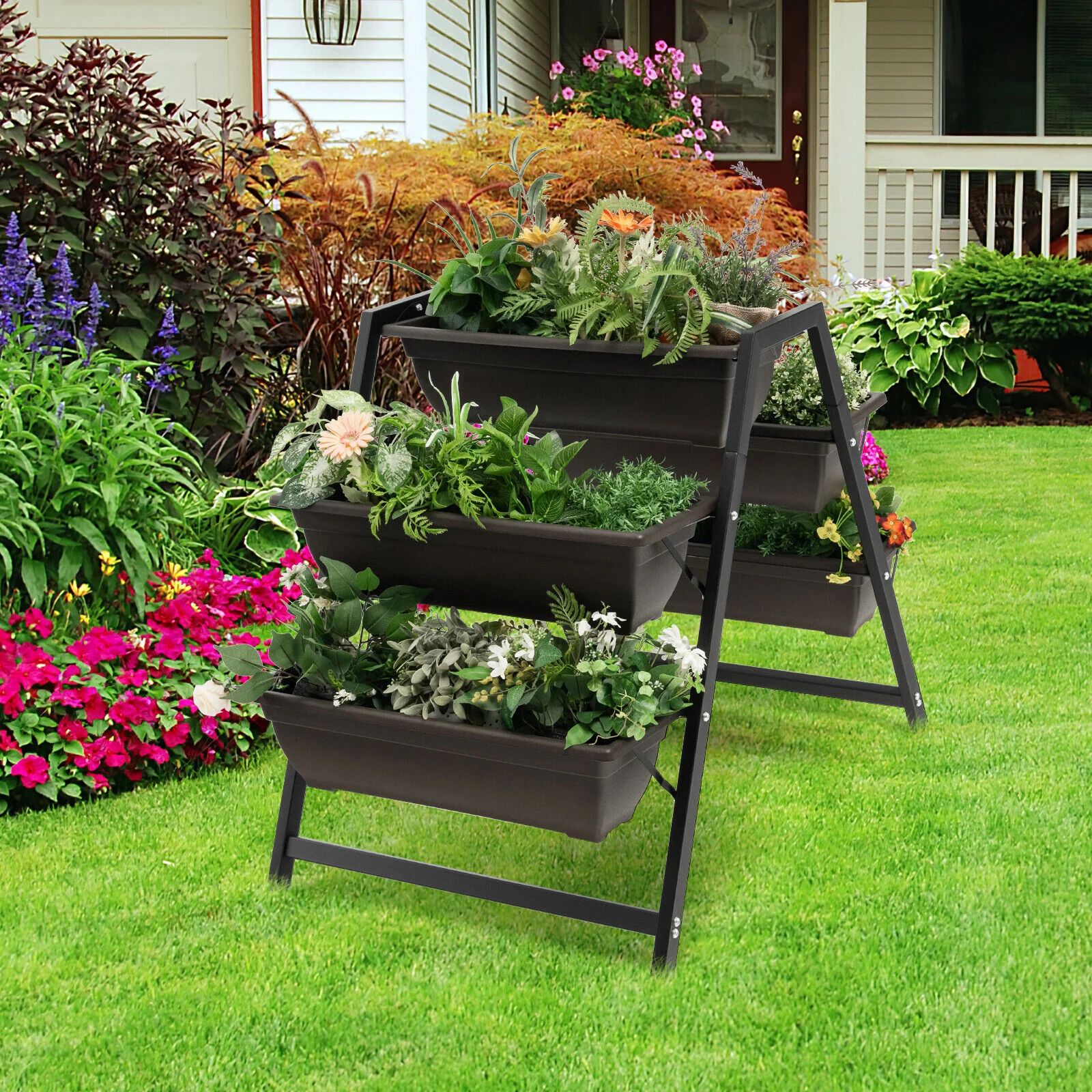 3-Tier Vertical Raised Garden Bed, 5 Plant Boxes, Brown - Image 2