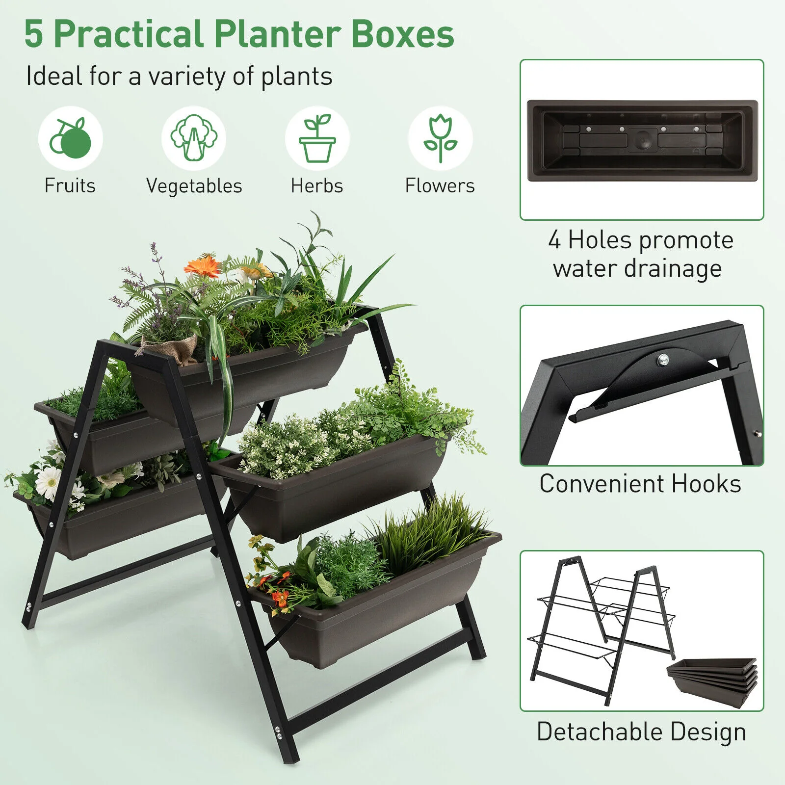 3-Tier Vertical Raised Garden Bed, 5 Plant Boxes, Brown - Image 8