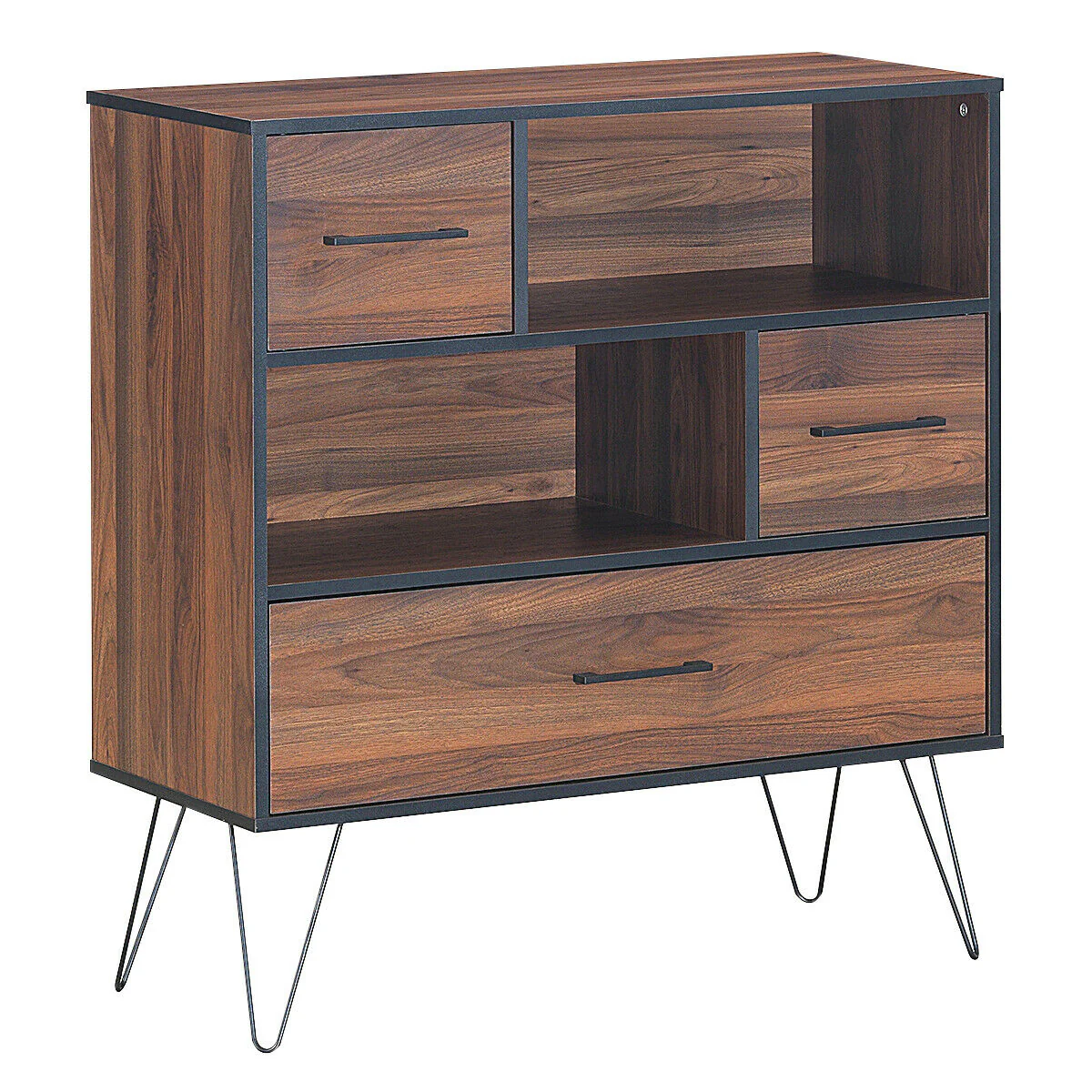 3-Tier Wood Storage Cabinet, With Drawers And 4 Metal Legs, Walnut
