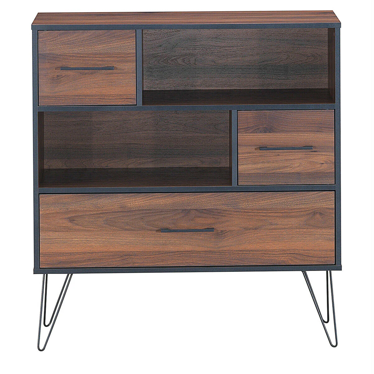 3-Tier Wood Storage Cabinet, With Drawers And 4 Metal Legs, Walnut - Image 10