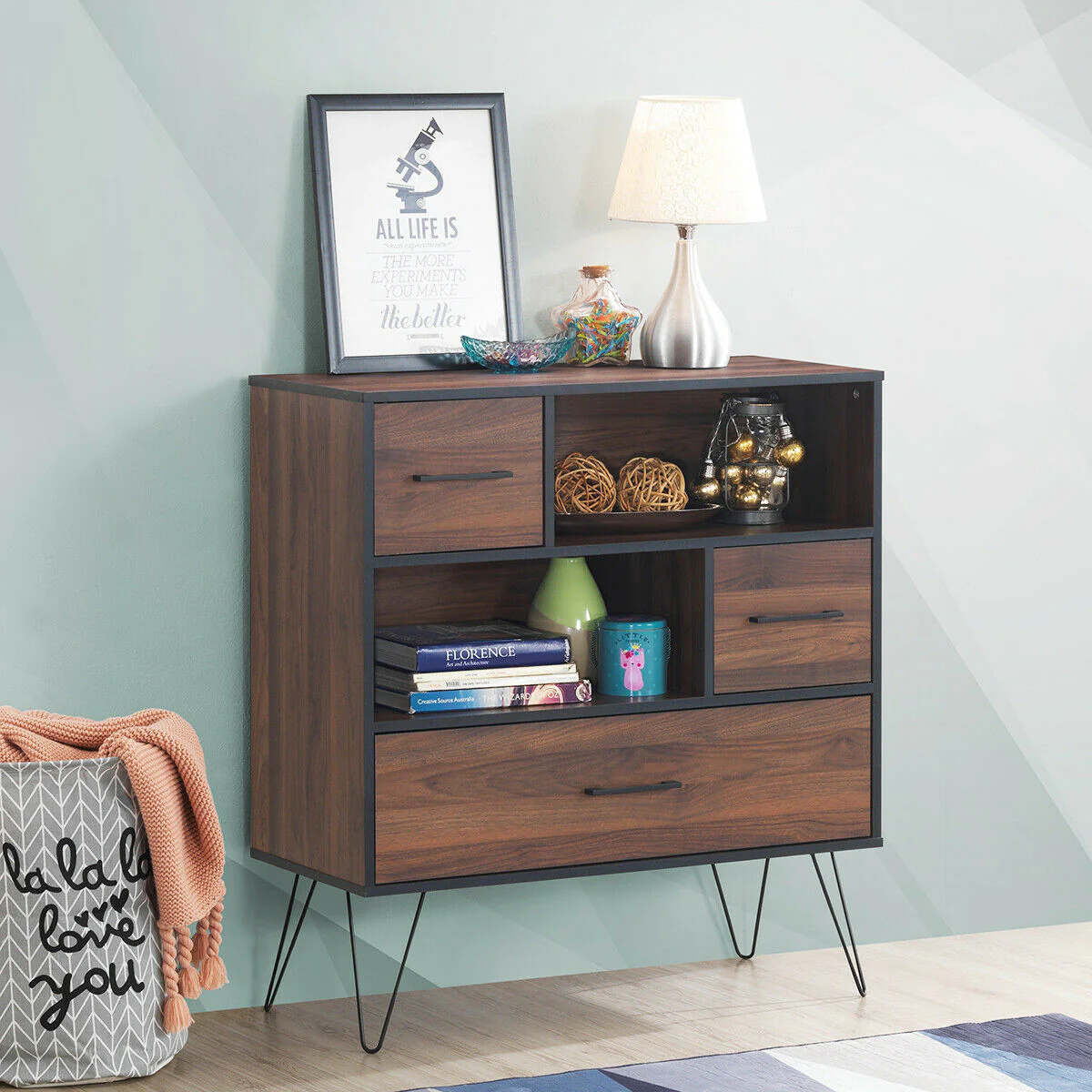 3-Tier Wood Storage Cabinet, With Drawers And 4 Metal Legs, Walnut - Image 2