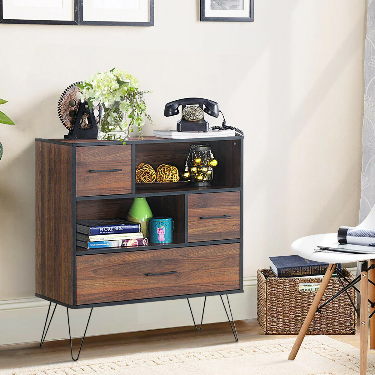 3-Tier Wood Storage Cabinet, With Drawers And 4 Metal Legs, Walnut - Image 3