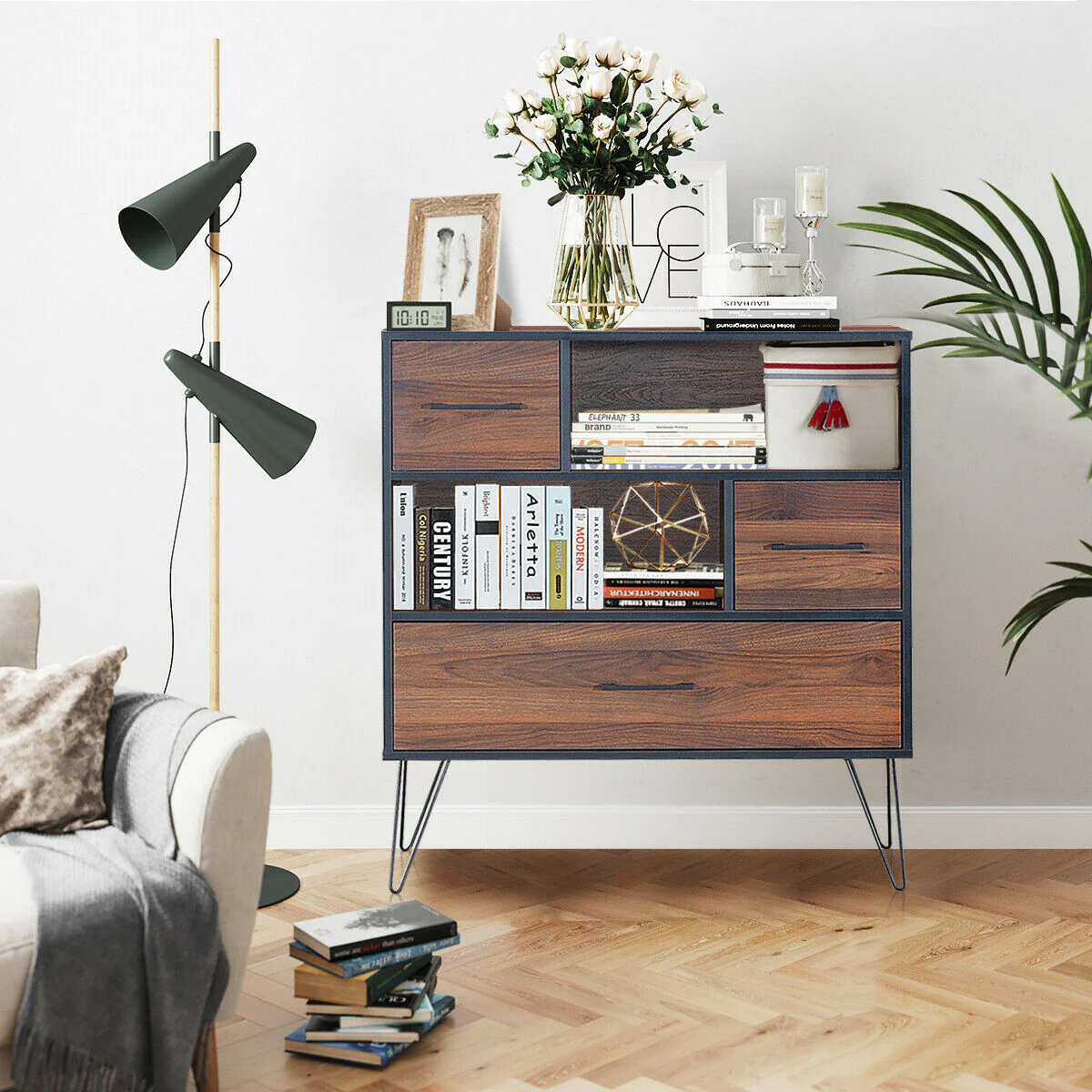 3-Tier Wood Storage Cabinet, With Drawers And 4 Metal Legs, Walnut - Image 4