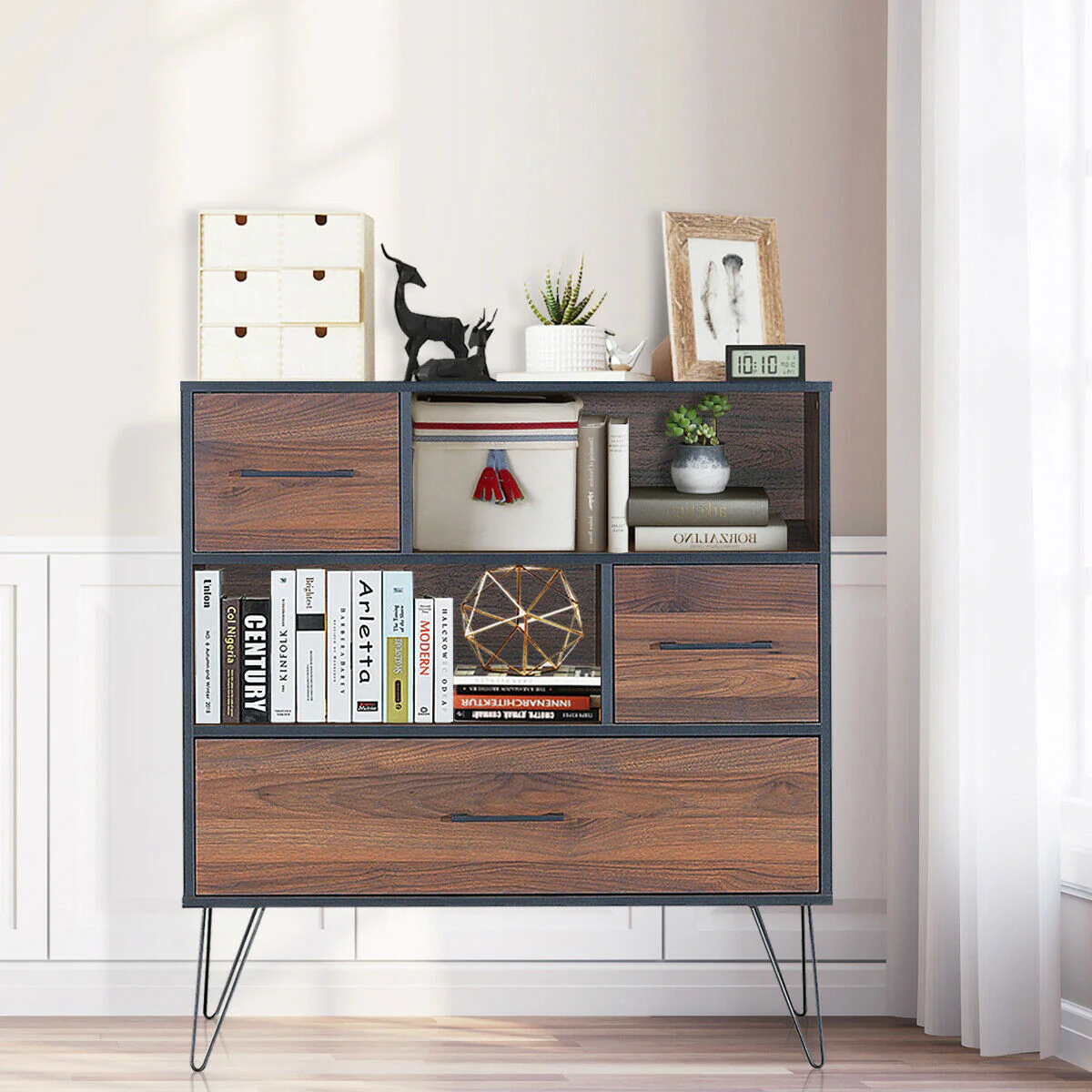 3-Tier Wood Storage Cabinet, With Drawers And 4 Metal Legs, Walnut - Image 5