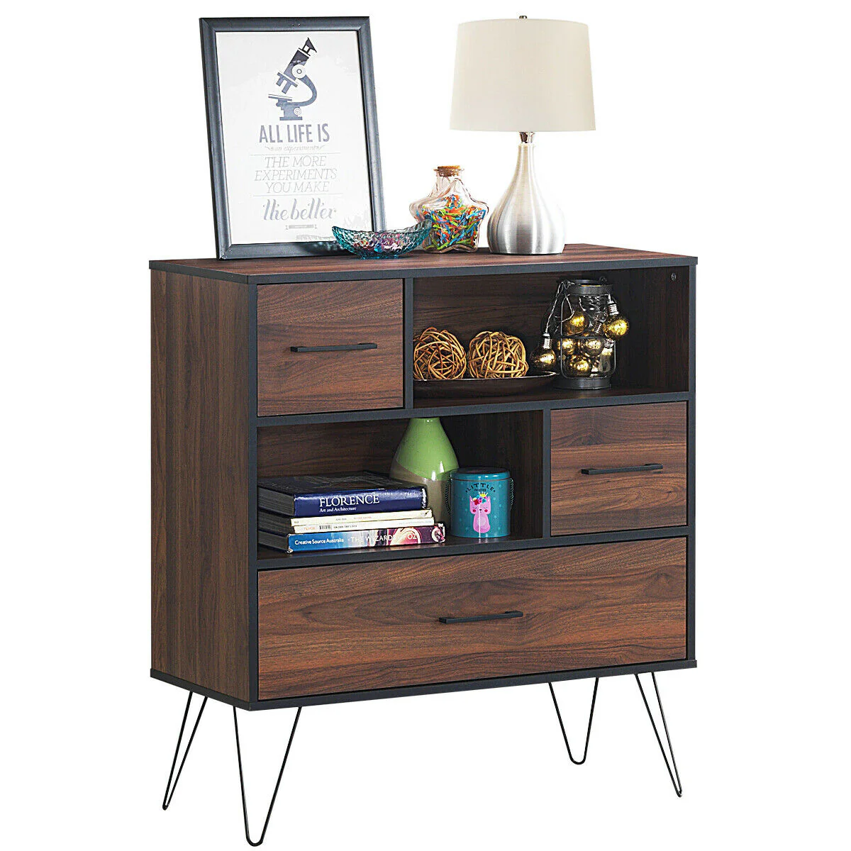 3-Tier Wood Storage Cabinet, With Drawers And 4 Metal Legs, Walnut - Image 6
