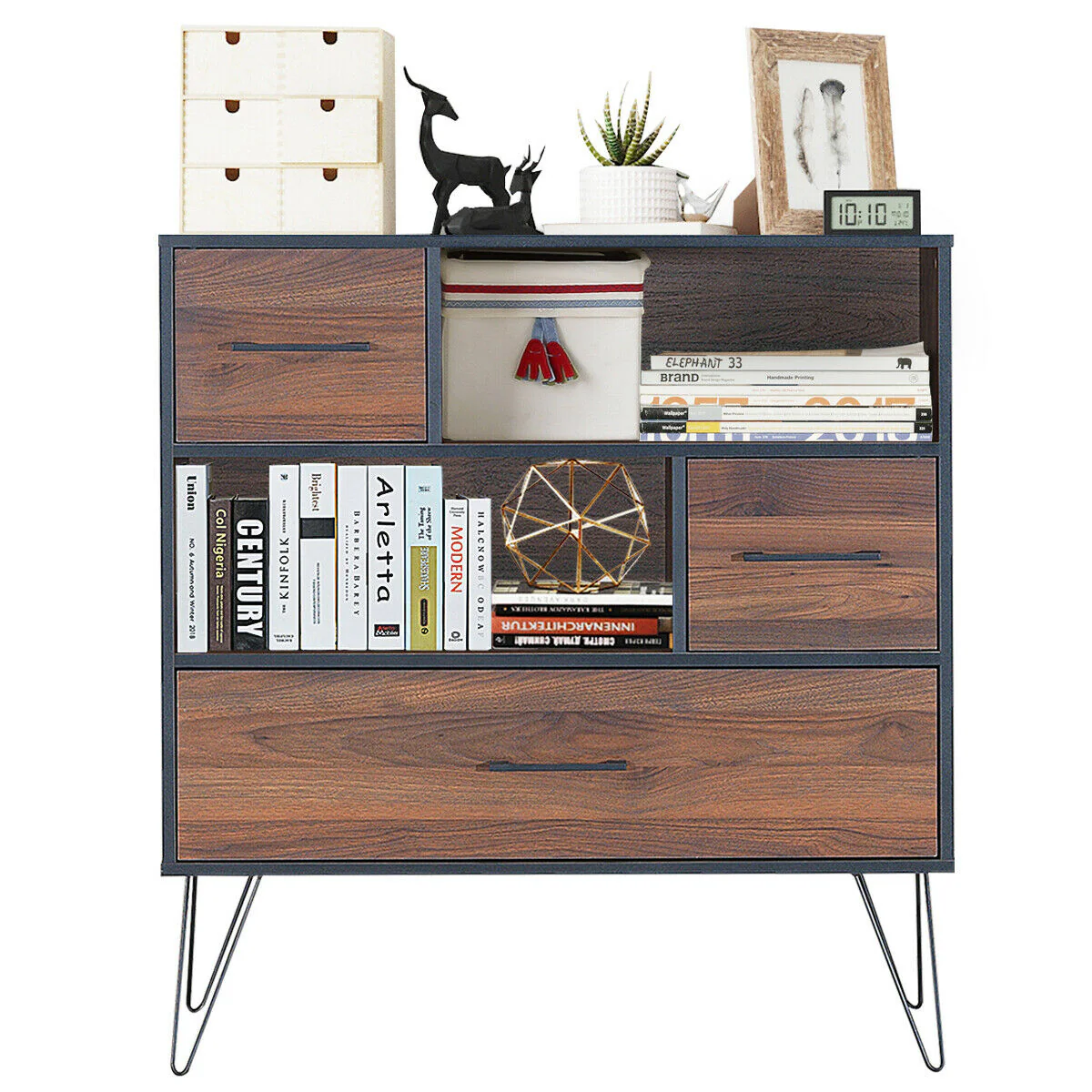 3-Tier Wood Storage Cabinet, With Drawers And 4 Metal Legs, Walnut - Image 7