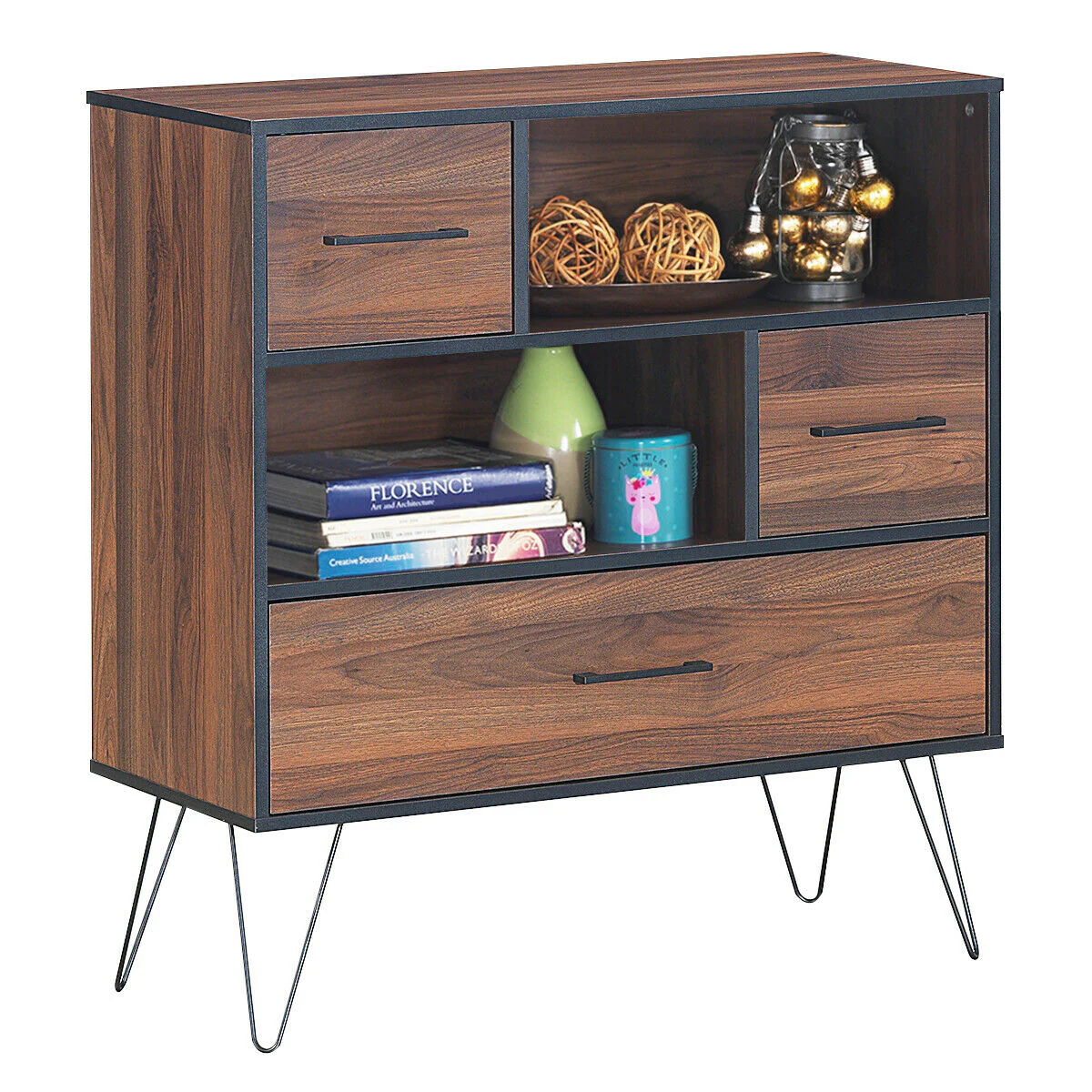 3-Tier Wood Storage Cabinet, With Drawers And 4 Metal Legs, Walnut - Image 8