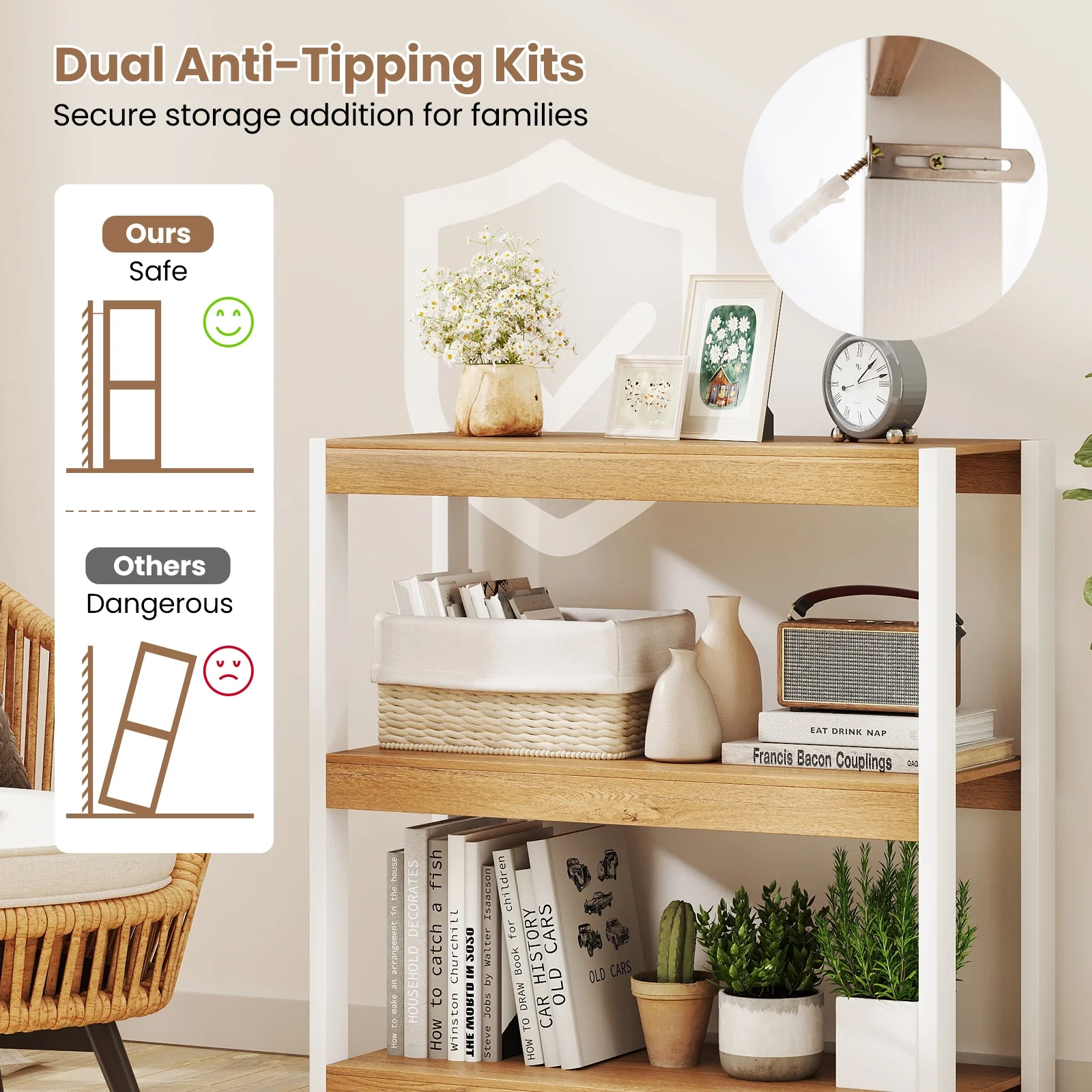 3 Tier Wooden Bookshelf, Dual Anti-Tipping Kits, Natural - Image 10