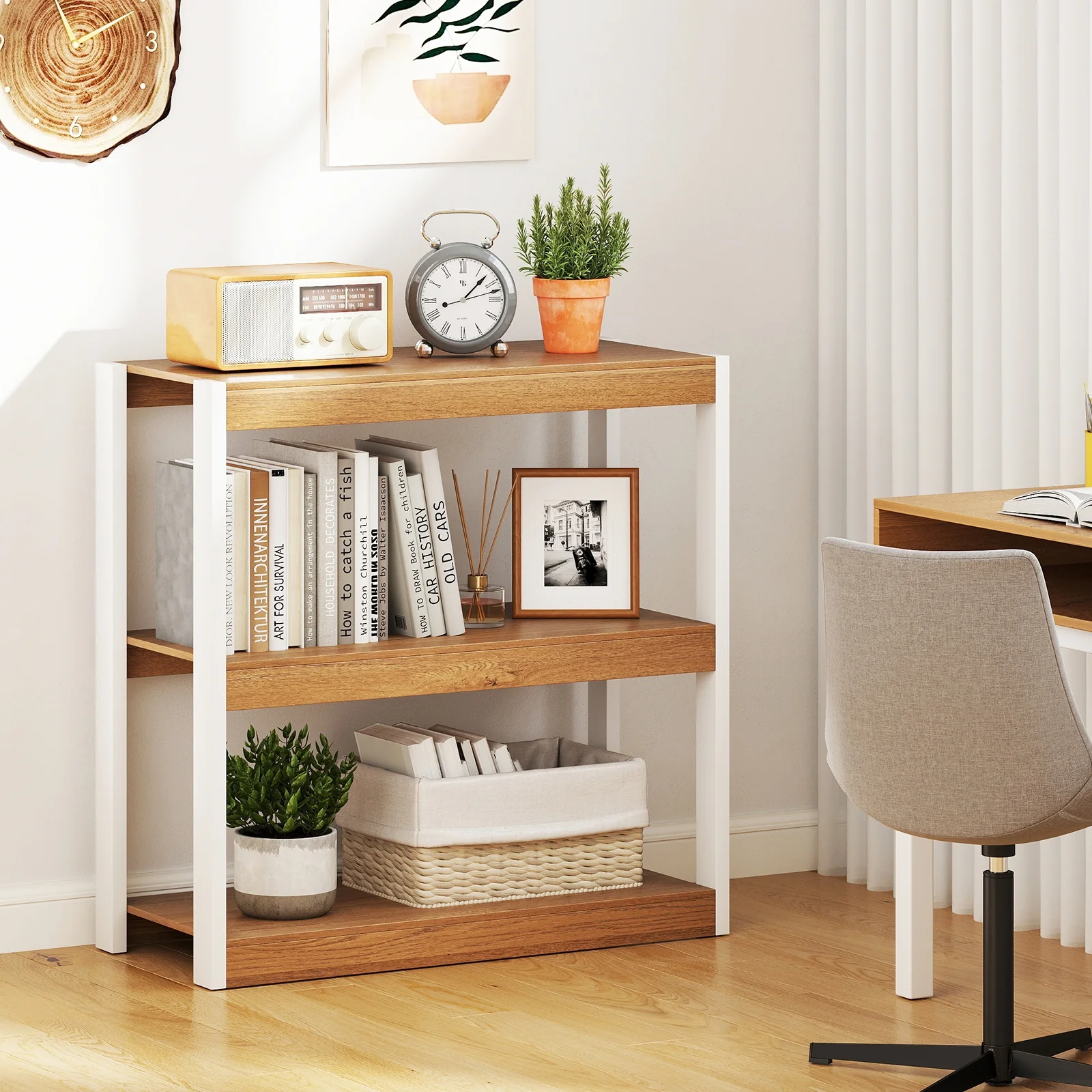 3 Tier Wooden Bookshelf, Dual Anti-Tipping Kits, Natural - Image 2