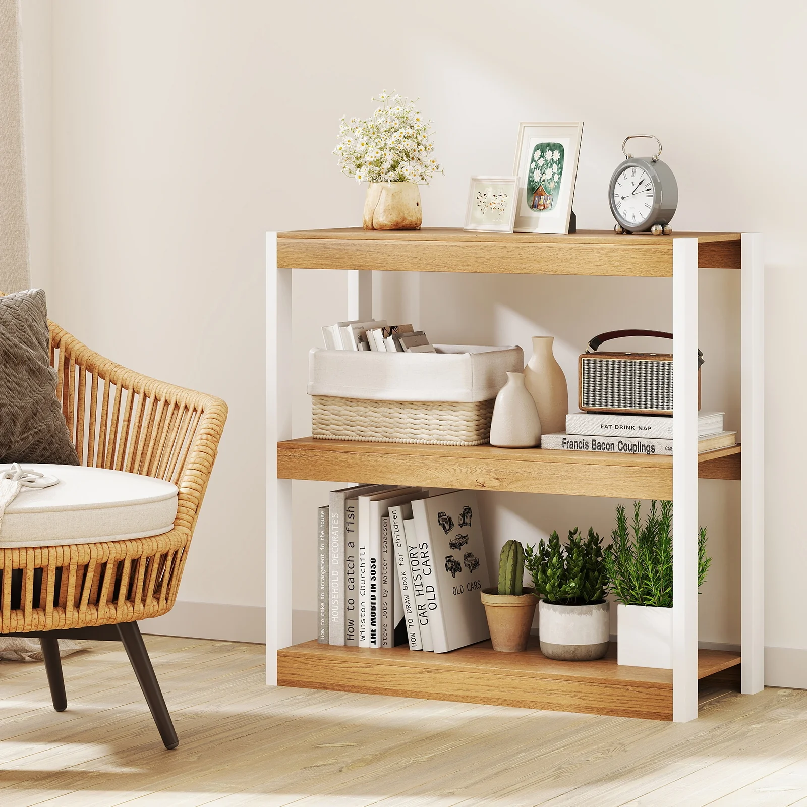3 Tier Wooden Bookshelf, Dual Anti-Tipping Kits, Natural - Image 7