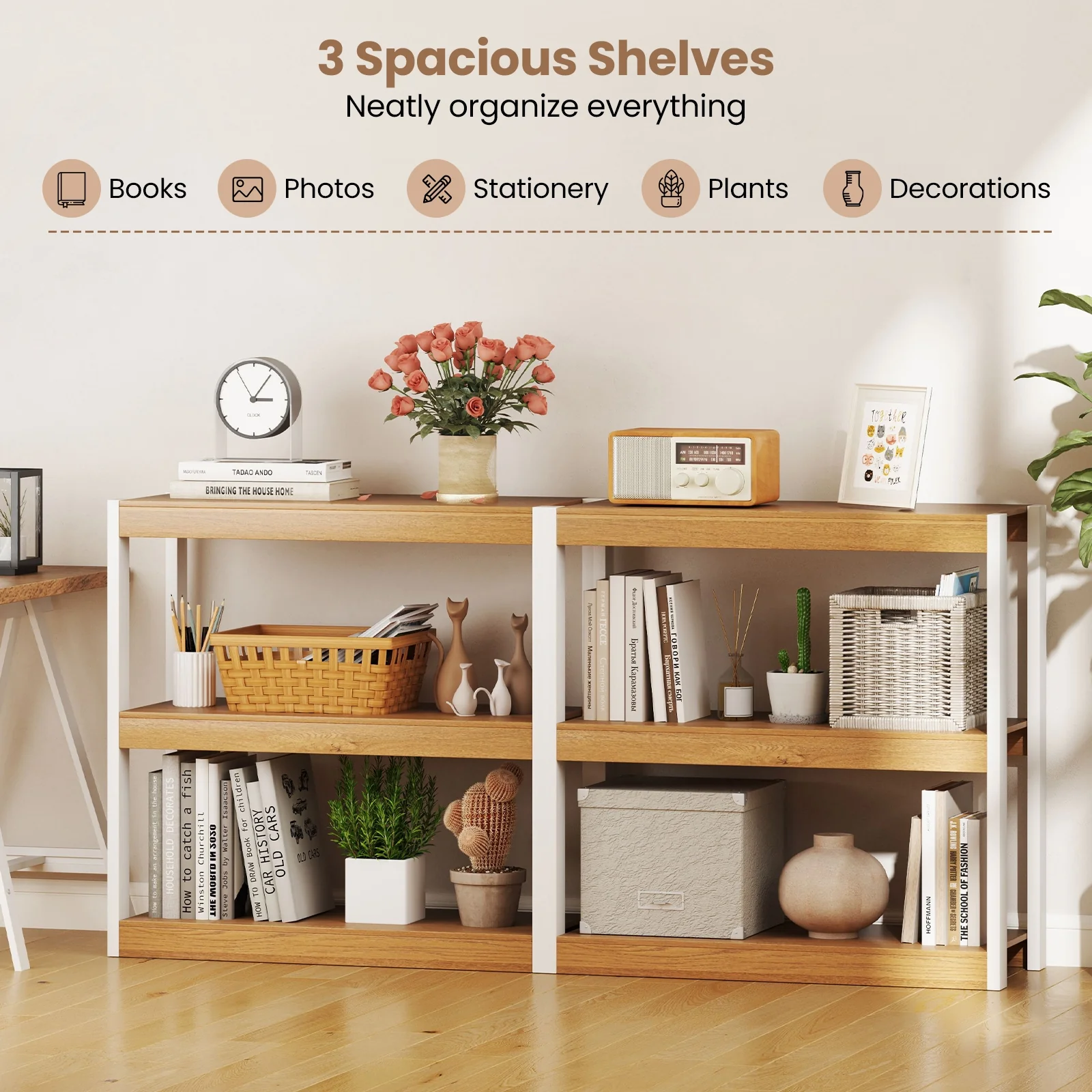 3 Tier Wooden Bookshelf, Dual Anti-Tipping Kits, Natural - Image 8