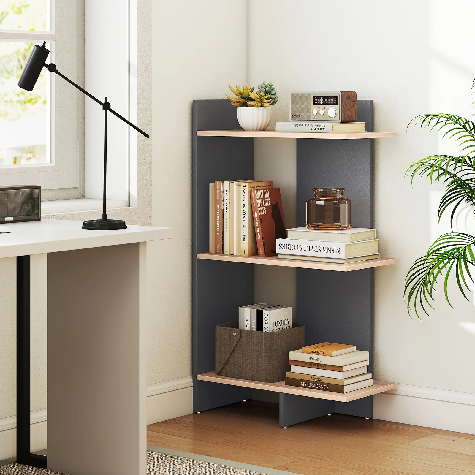 3 Tier Wooden Bookshelf With Anti-Tipping Kit, Oak - Image 2