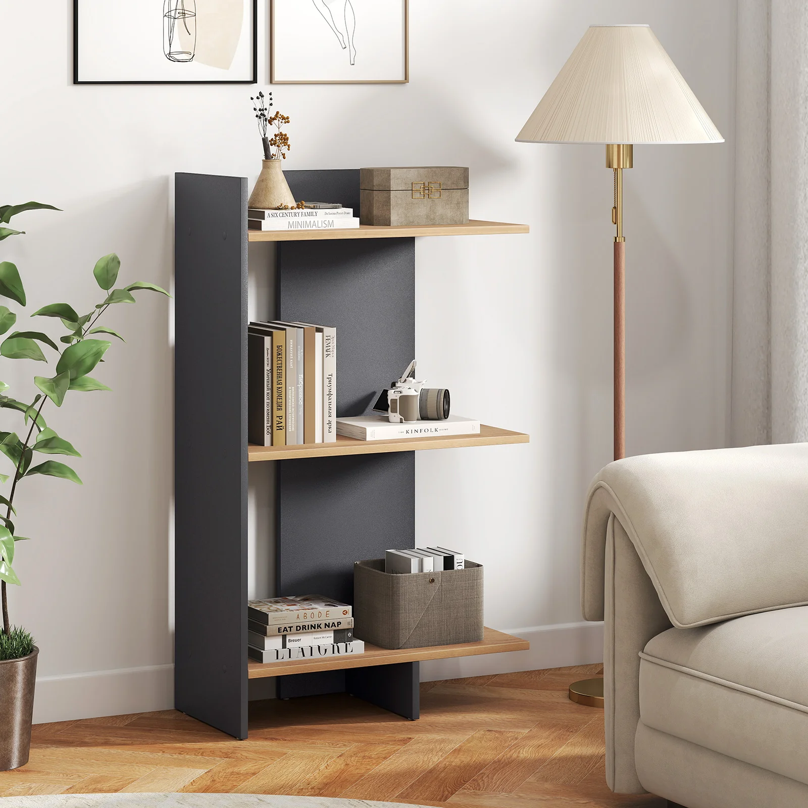 3 Tier Wooden Bookshelf With Anti-Tipping Kit, Oak - Image 3