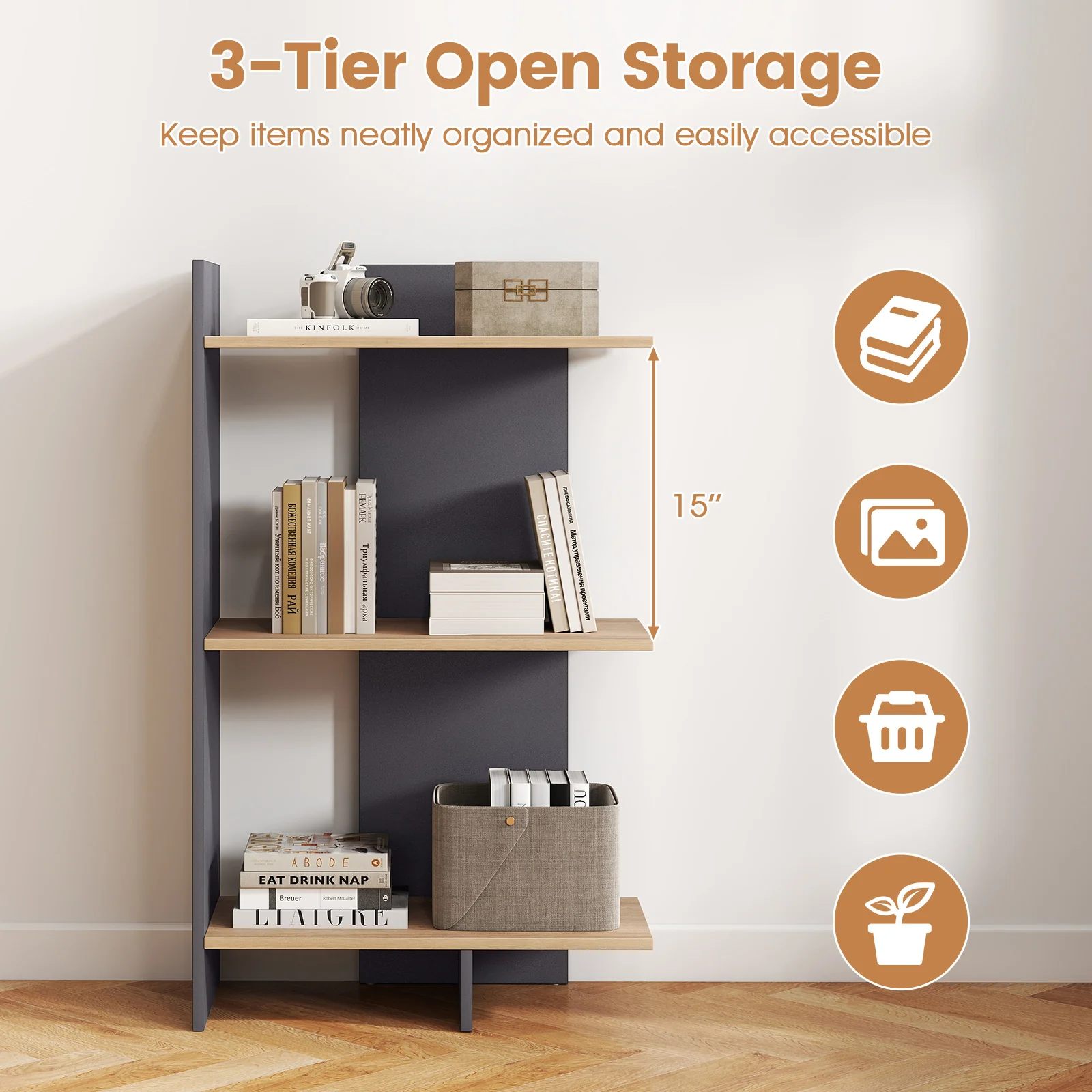3 Tier Wooden Bookshelf With Anti-Tipping Kit, Oak - Image 9