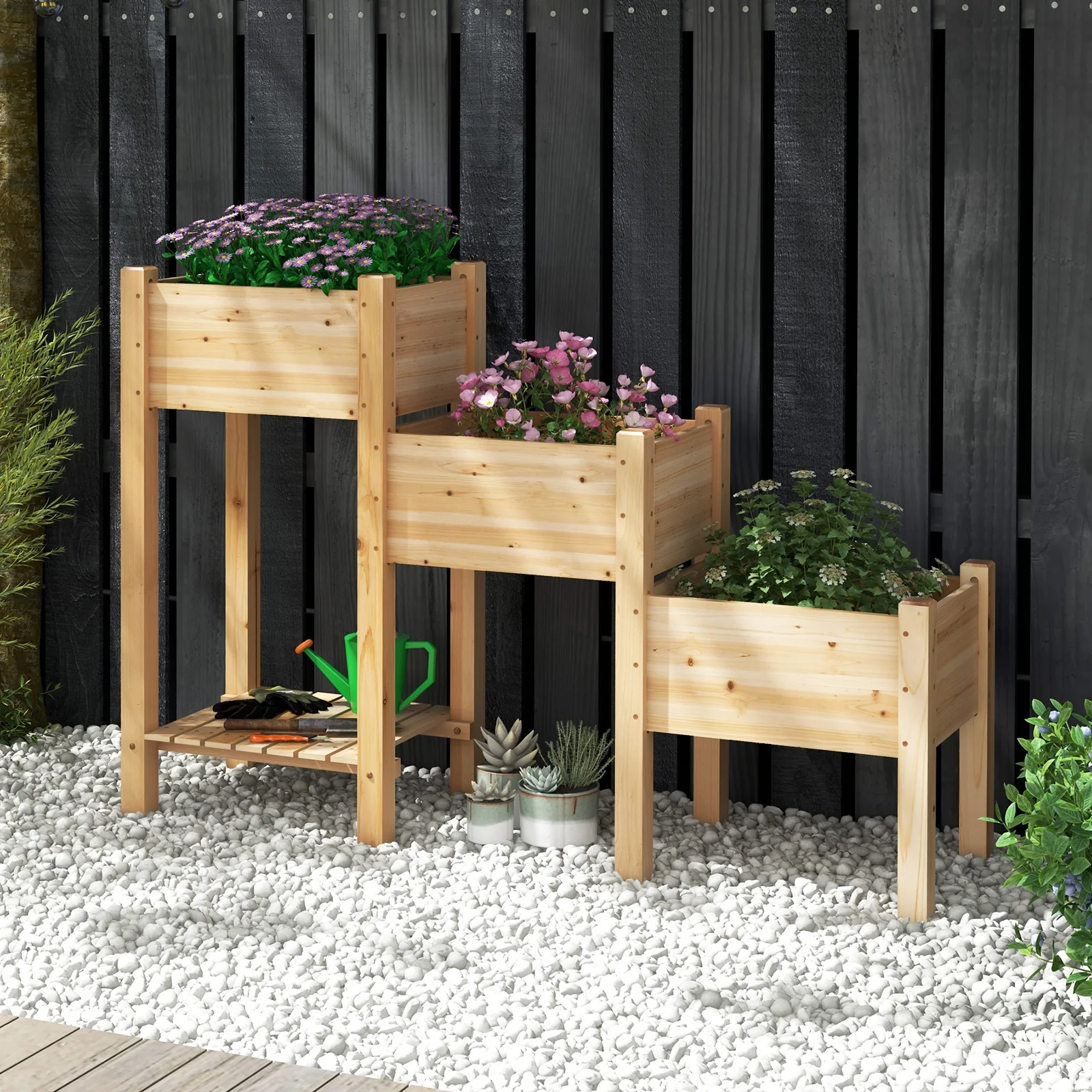 3-Tier Wooden Raised Garden Bed, Open Storage Shelf, Natural - Image 2