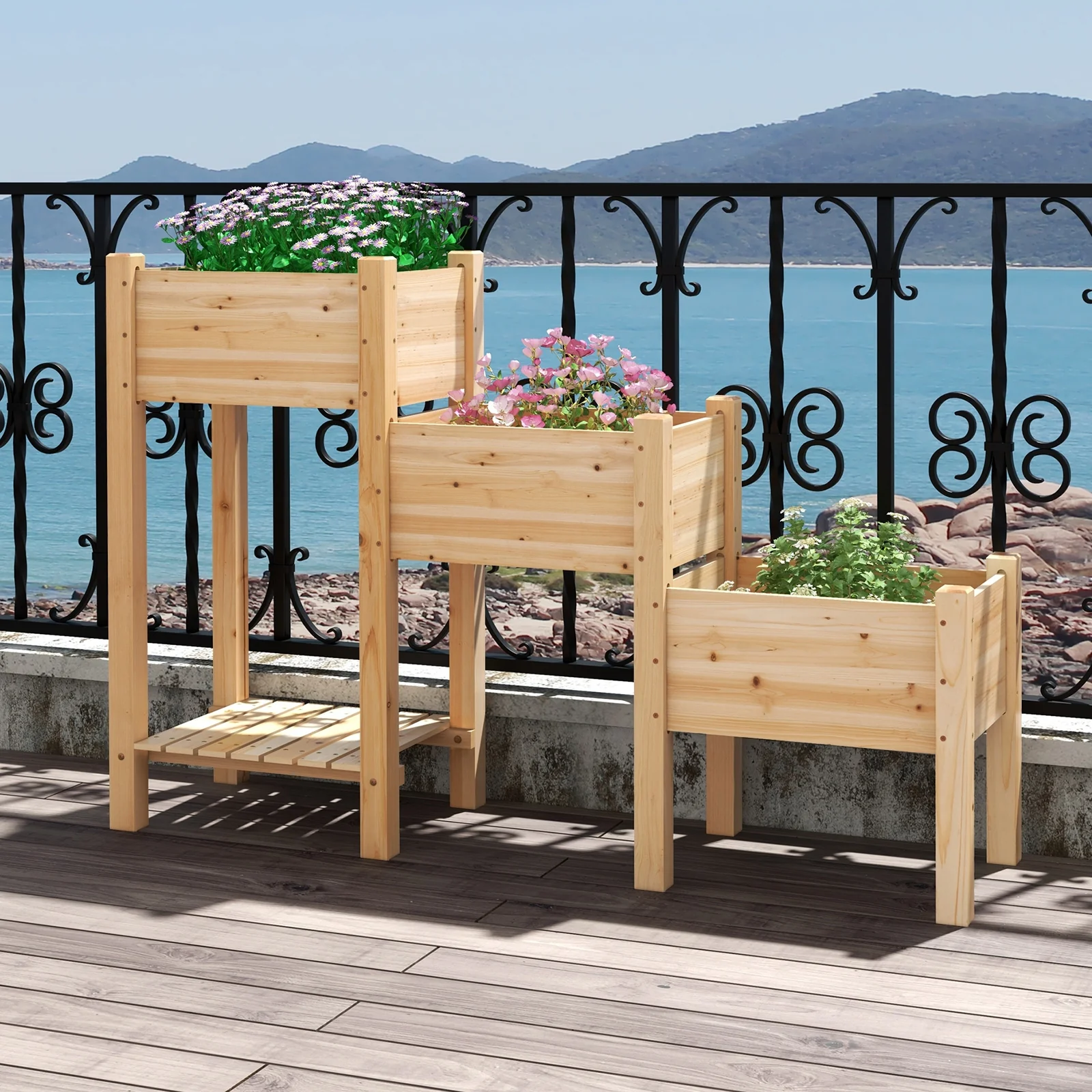 3-Tier Wooden Raised Garden Bed, Open Storage Shelf, Natural - Image 3
