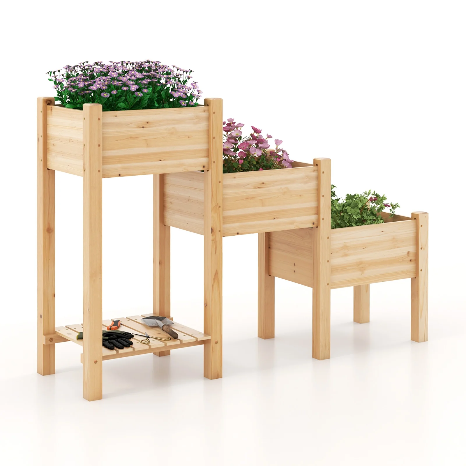 3-Tier Wooden Raised Garden Bed, Open Storage Shelf, Natural - Image 4
