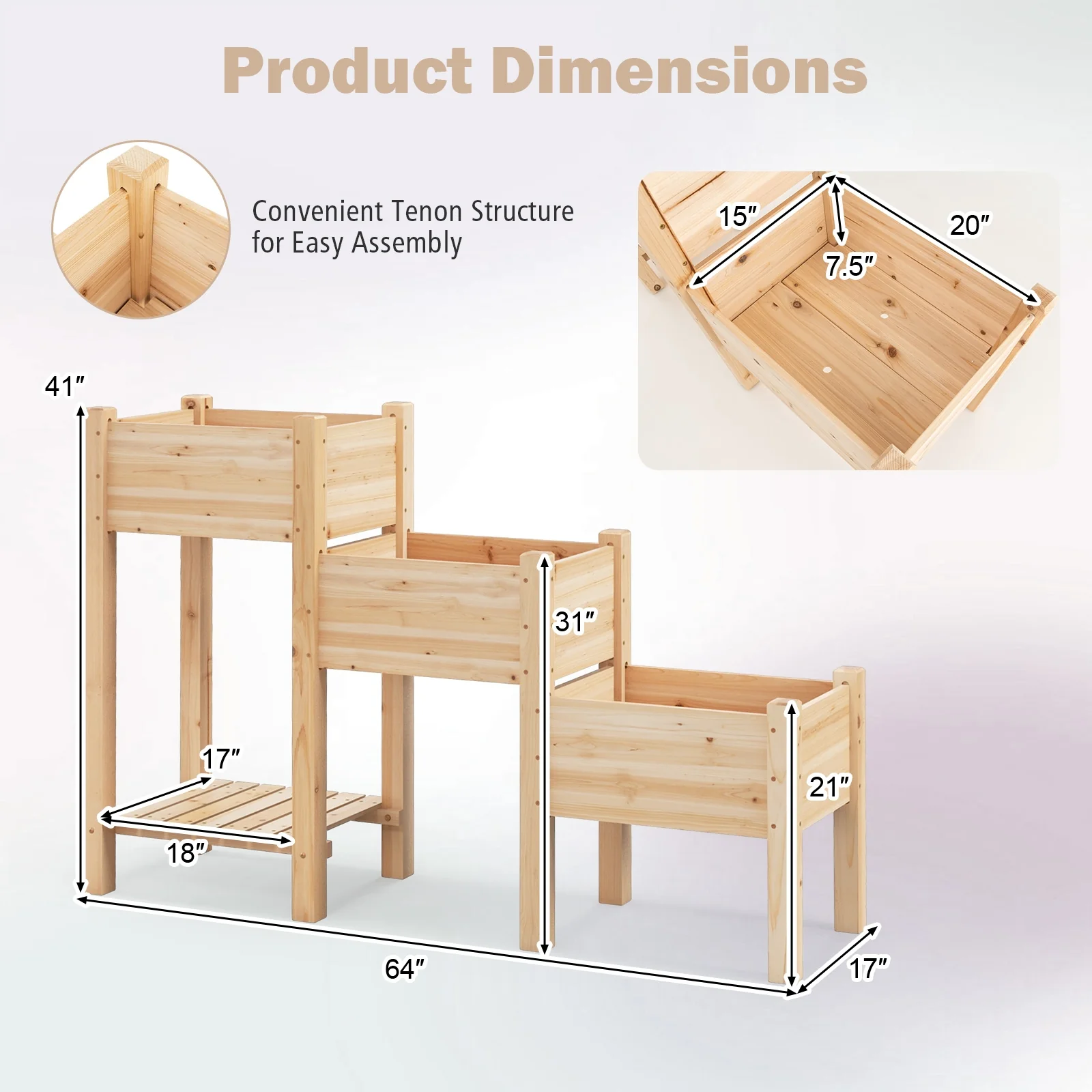 3-Tier Wooden Raised Garden Bed, Open Storage Shelf, Natural - Image 5