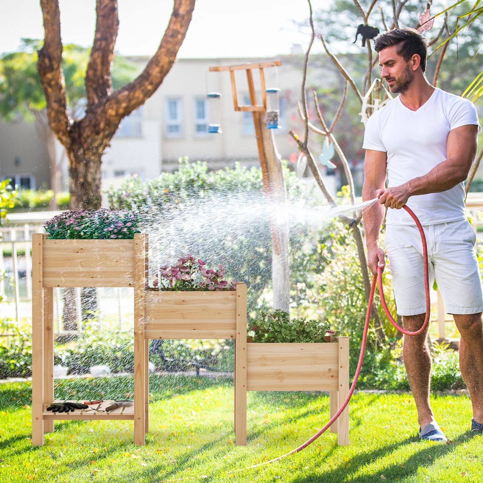 3-Tier Wooden Raised Garden Bed, Open Storage Shelf, Natural - Image 6