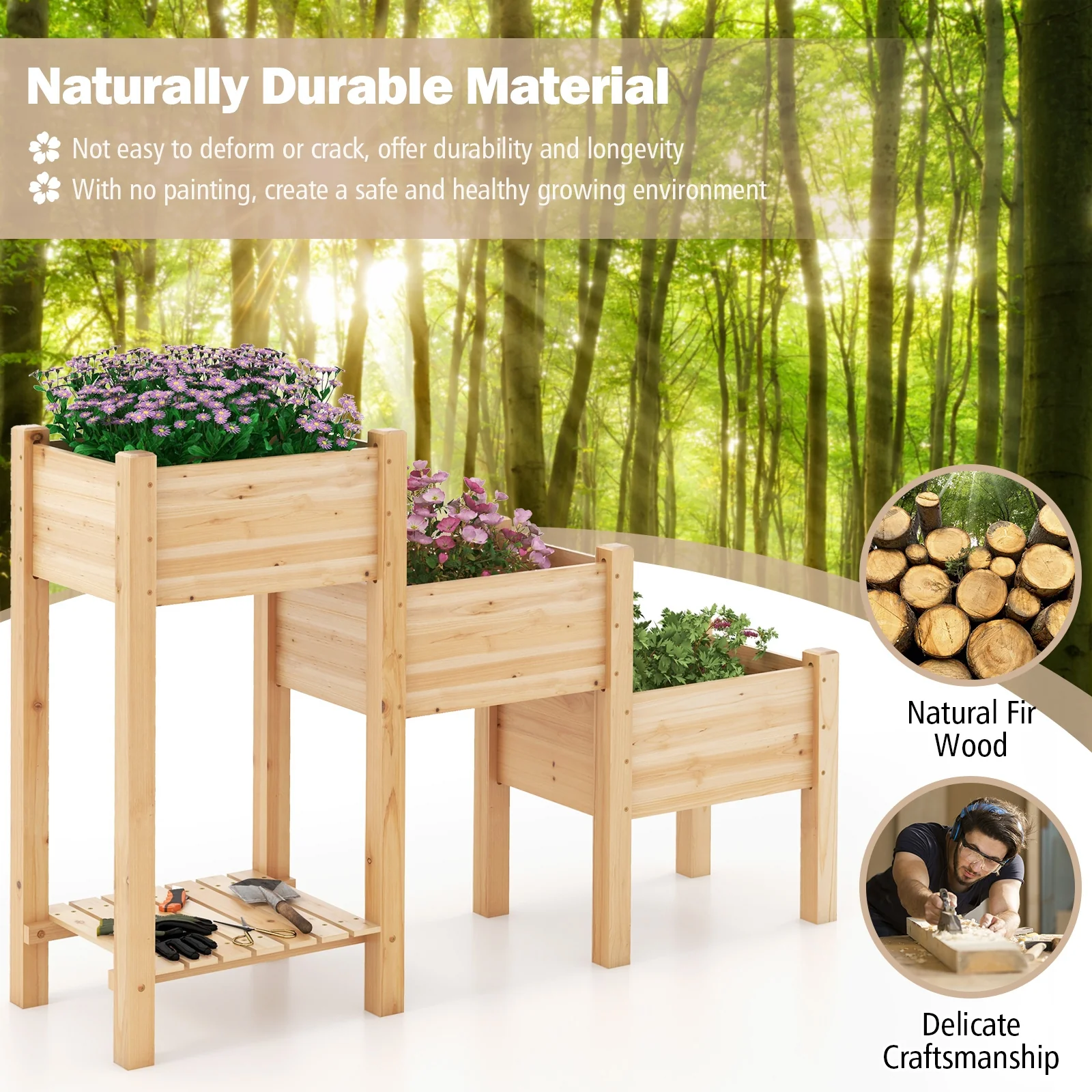 3-Tier Wooden Raised Garden Bed, Open Storage Shelf, Natural - Image 7