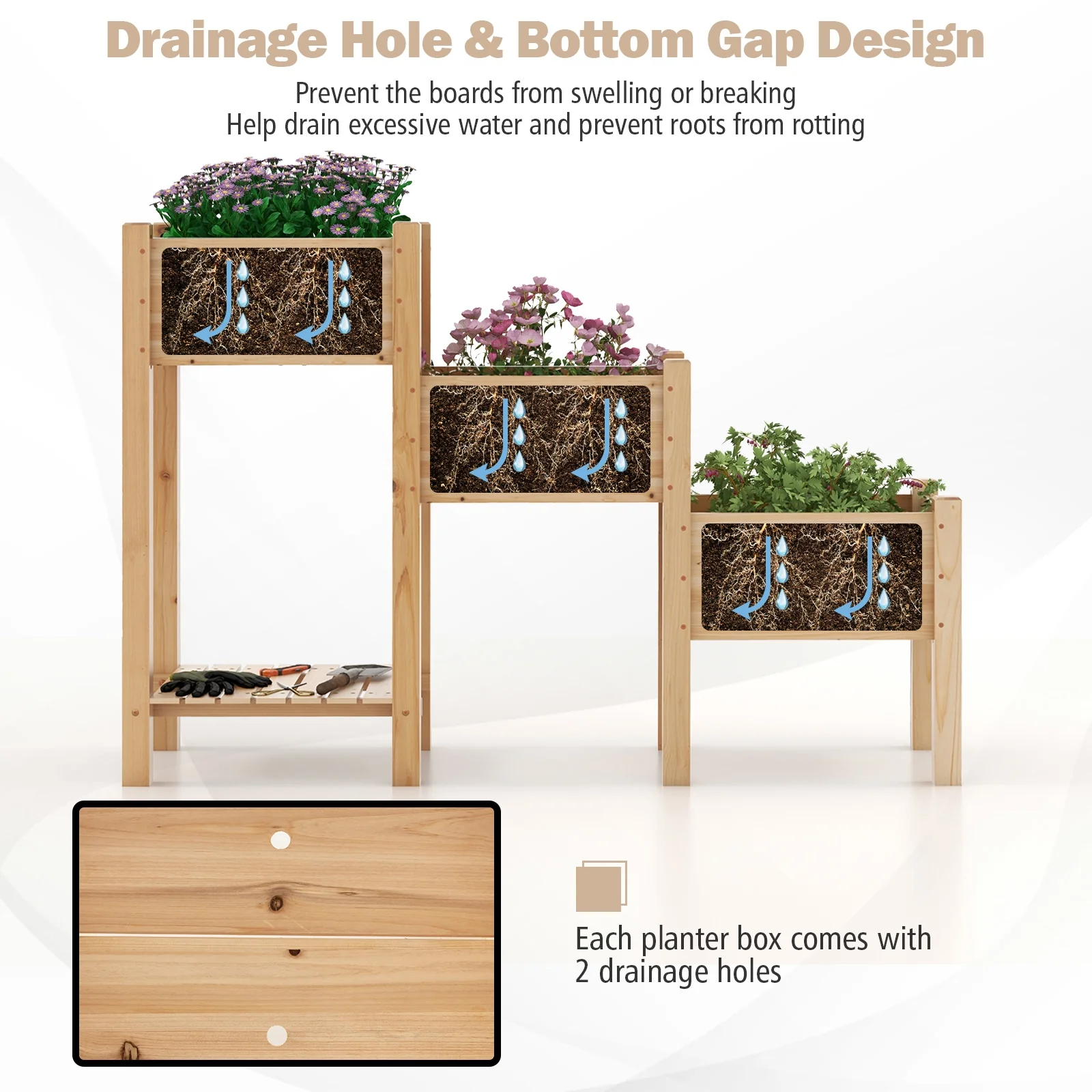 3-Tier Wooden Raised Garden Bed, Open Storage Shelf, Natural - Image 8