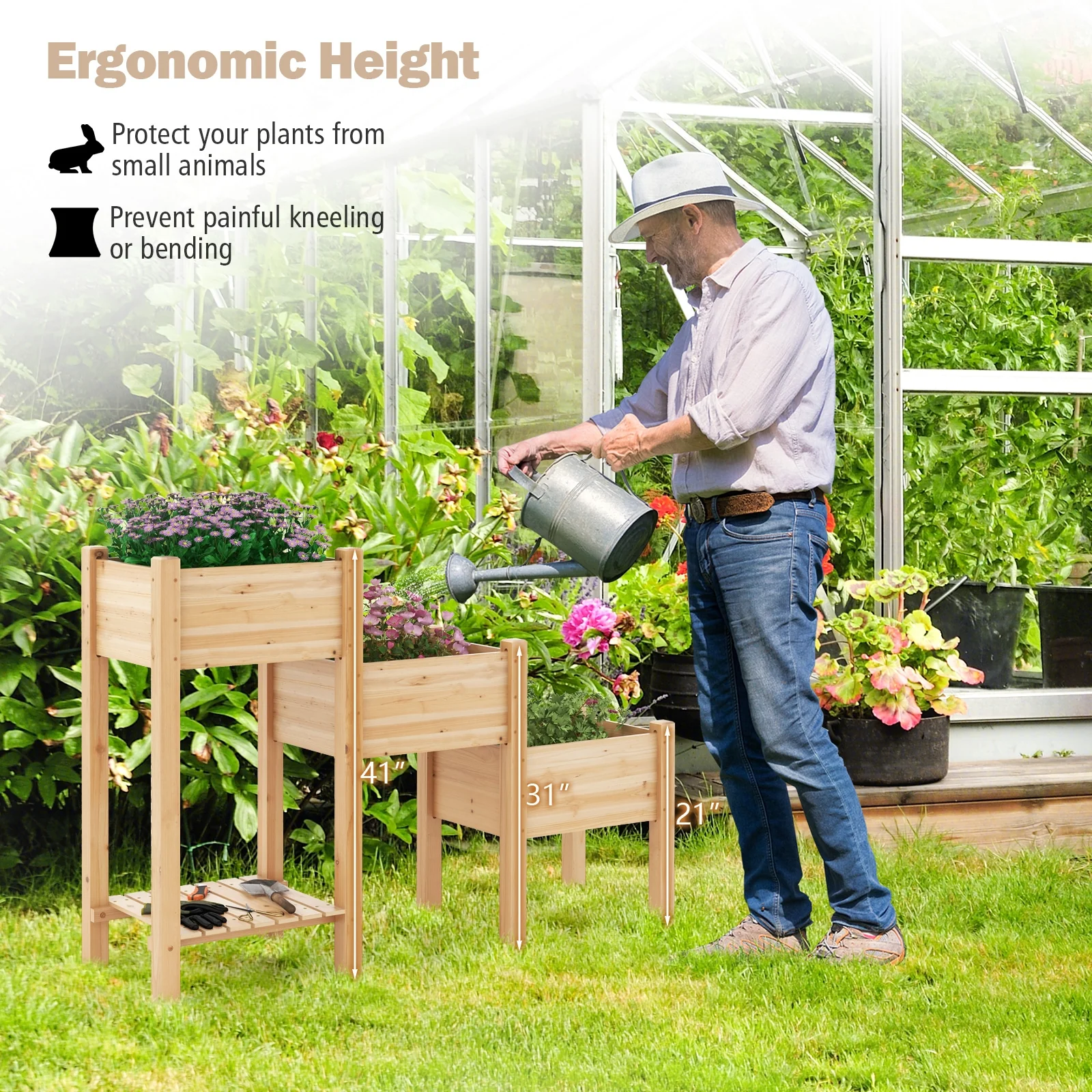 3-Tier Wooden Raised Garden Bed, Open Storage Shelf, Natural - Image 9