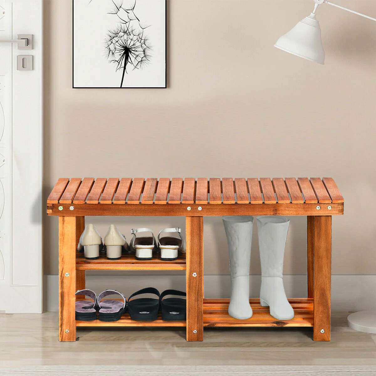 3-Tier Wooden Shoe Organizer With Seat, Natural - Image 2